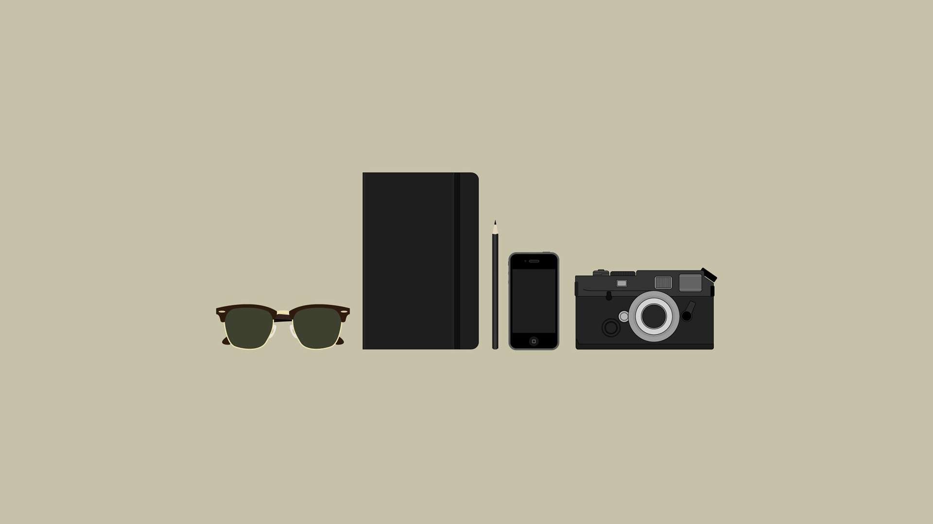 Ray-Ban Wayfarer, Moleskine, iPhone, Macchina fotografica, Minimalista, wallpaper 1920x1080