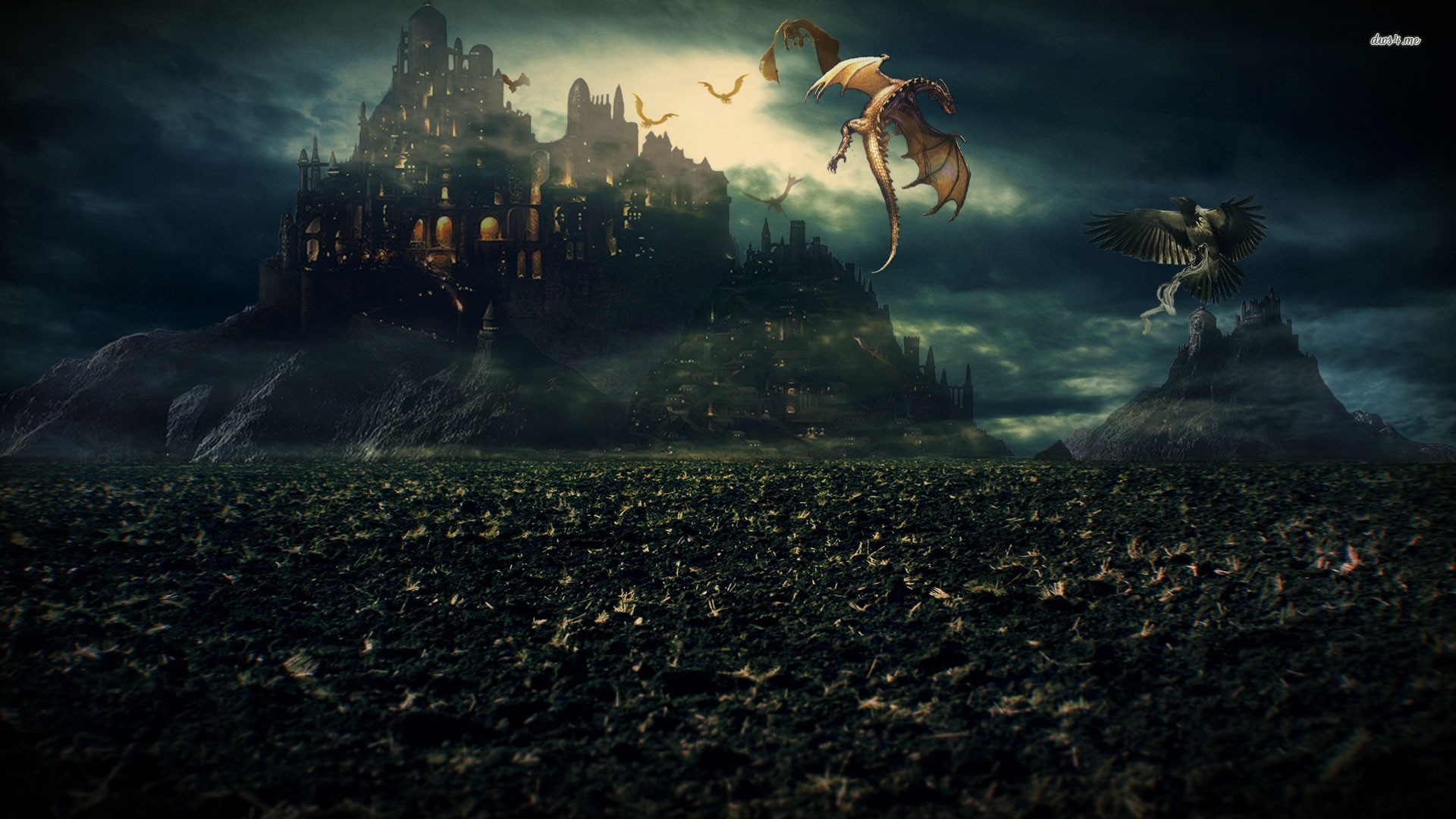 Castello, Draghi, Isola, Fantasy, Notte, 16:9 Full HD, wallpaper widescreen