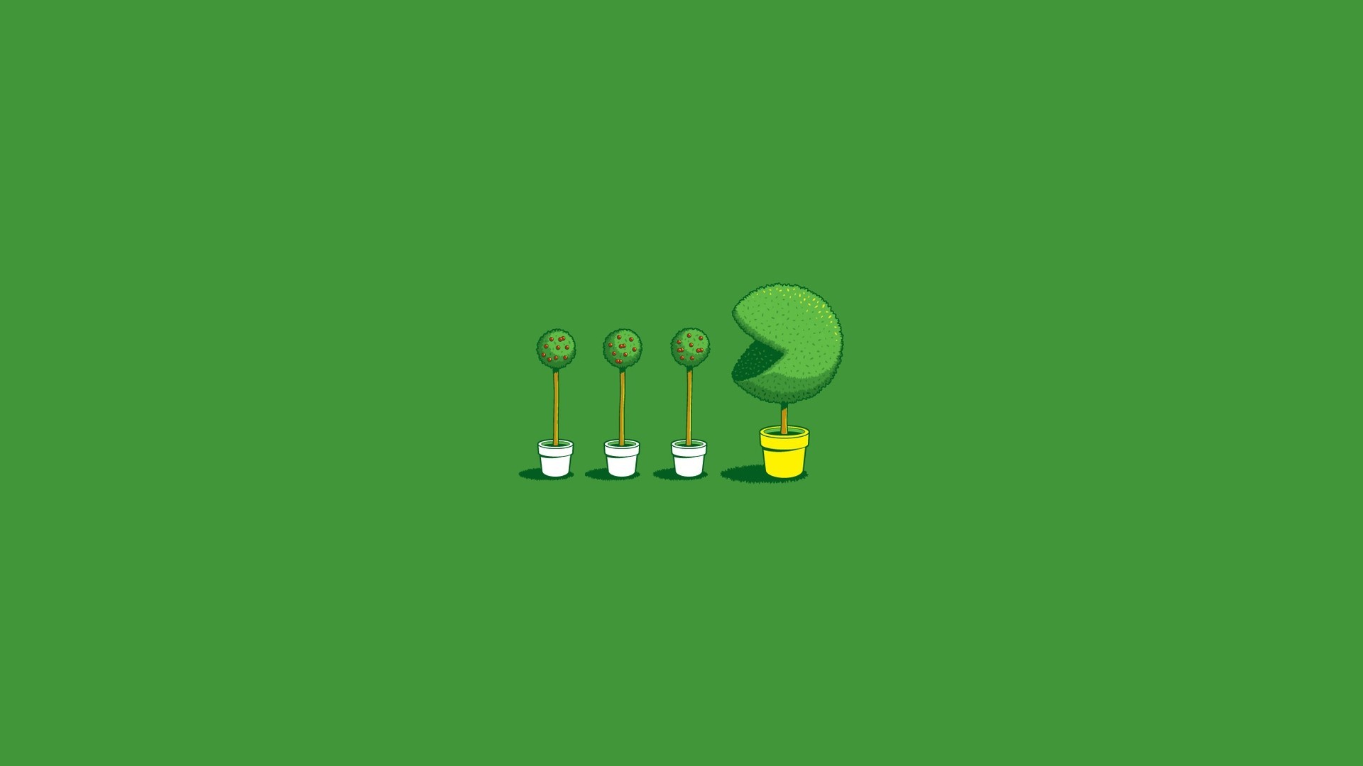 Pac-Man, Piante, Minimalismo, Sfondo verde, Umorismo, Full HD, wallpaper per PC