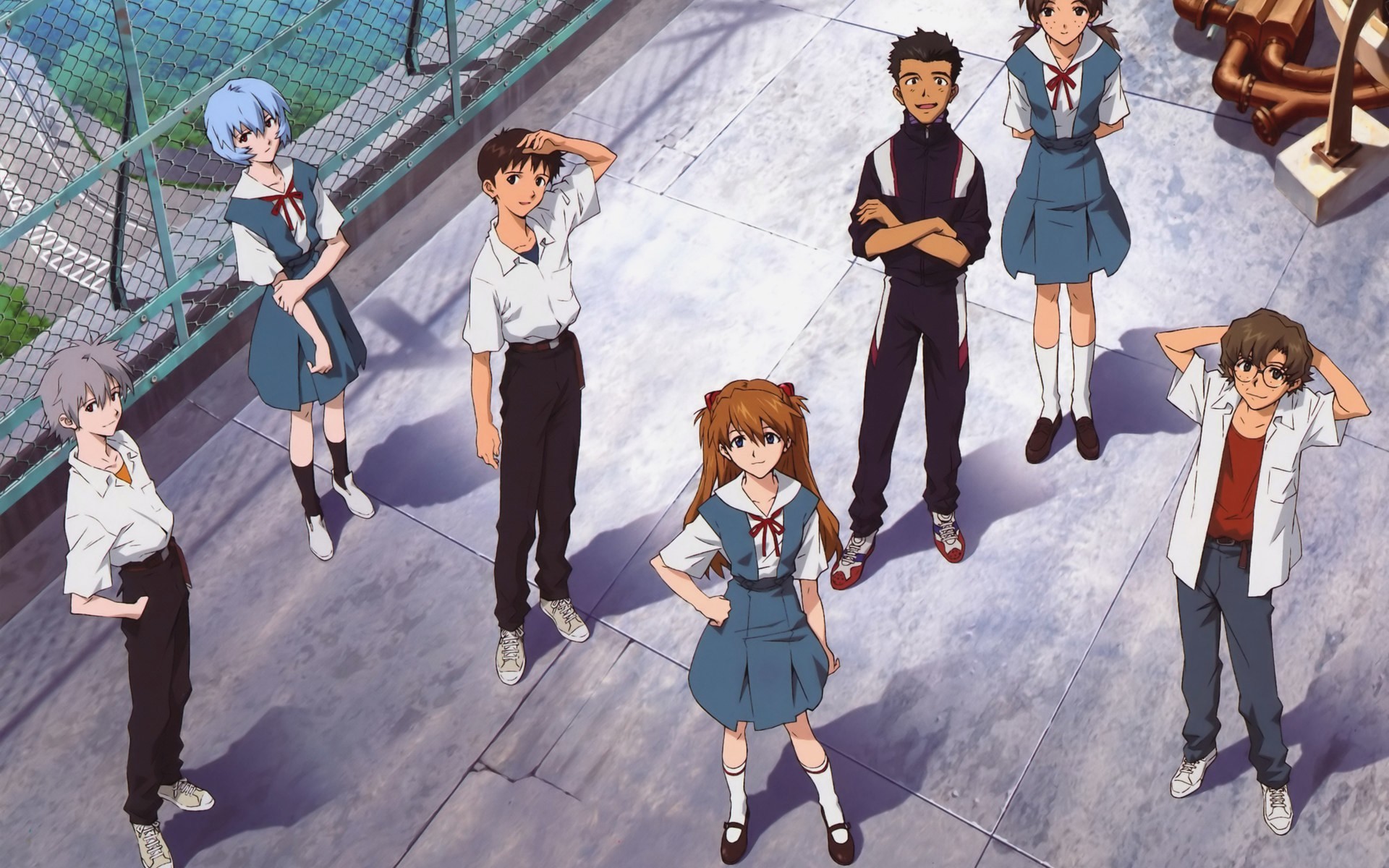 Rei Ayanami, Asuka Langley Soryu, Shinji Ikari, Toji Suzuhara, Kensuke Aida, Hikari Horaki, Neon Genesis Evangelion, sfondo per PC
