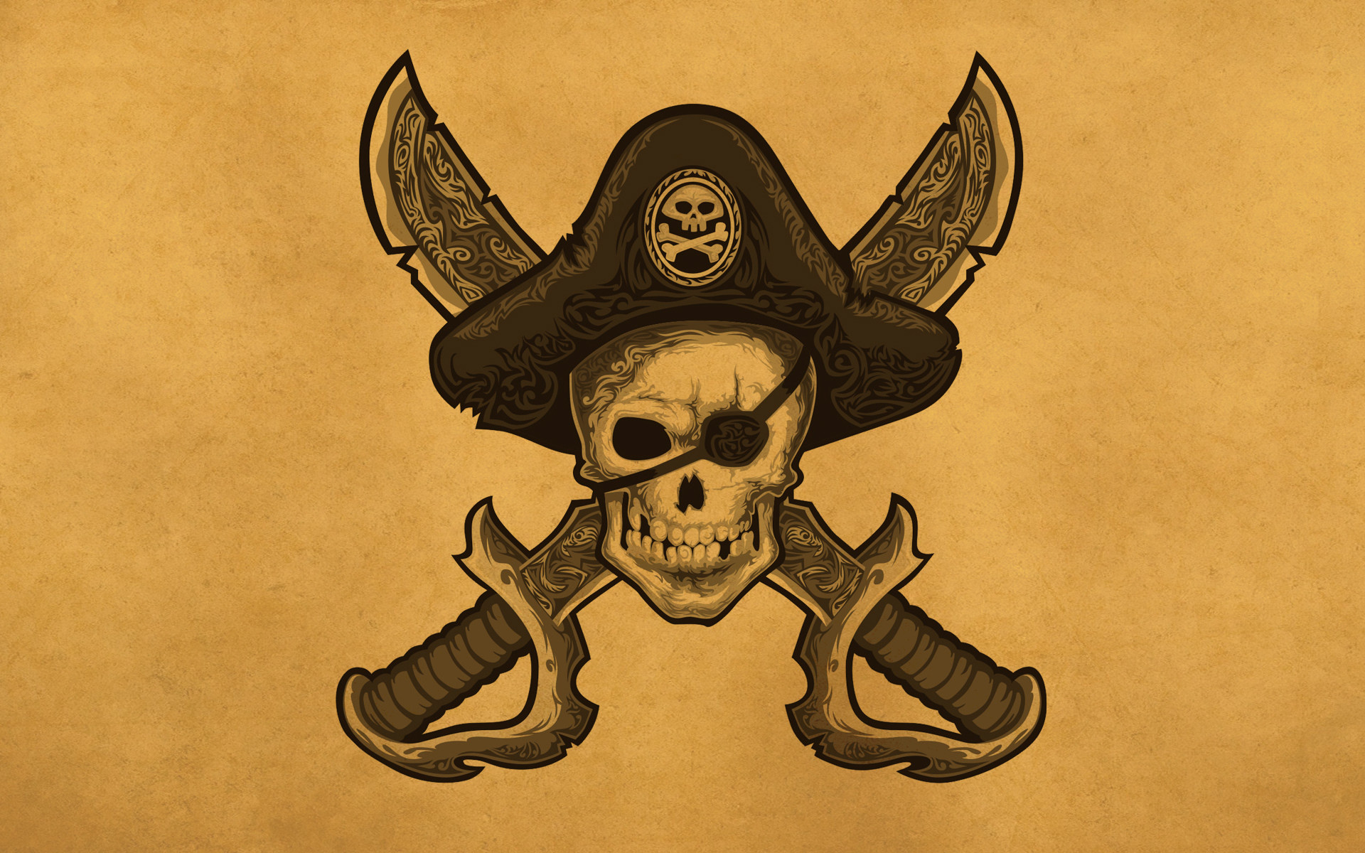 Teschio, Cappello pirata, Sciabole incrociate, Sfondo seppia, 16:10 Full HD, wallpaper widescreen