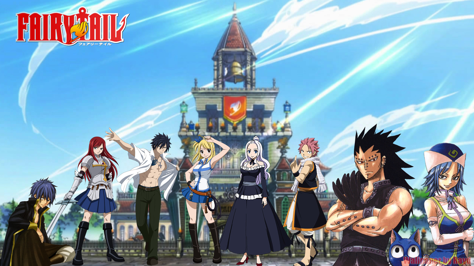 Fairy Tail, Sede della gilda, Erza Scarlet, Natsu Dragneel, Logo, Cielo, sfondo desktop 1920x1080