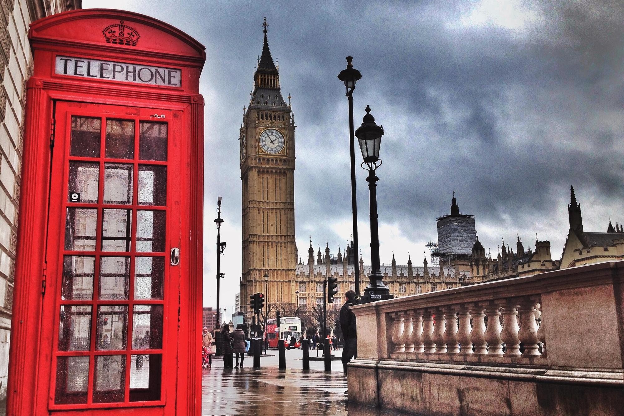 Cabina telefonica rossa, Big Ben, Londra, Nuvole, Full HD, sfondo per PC e portatile