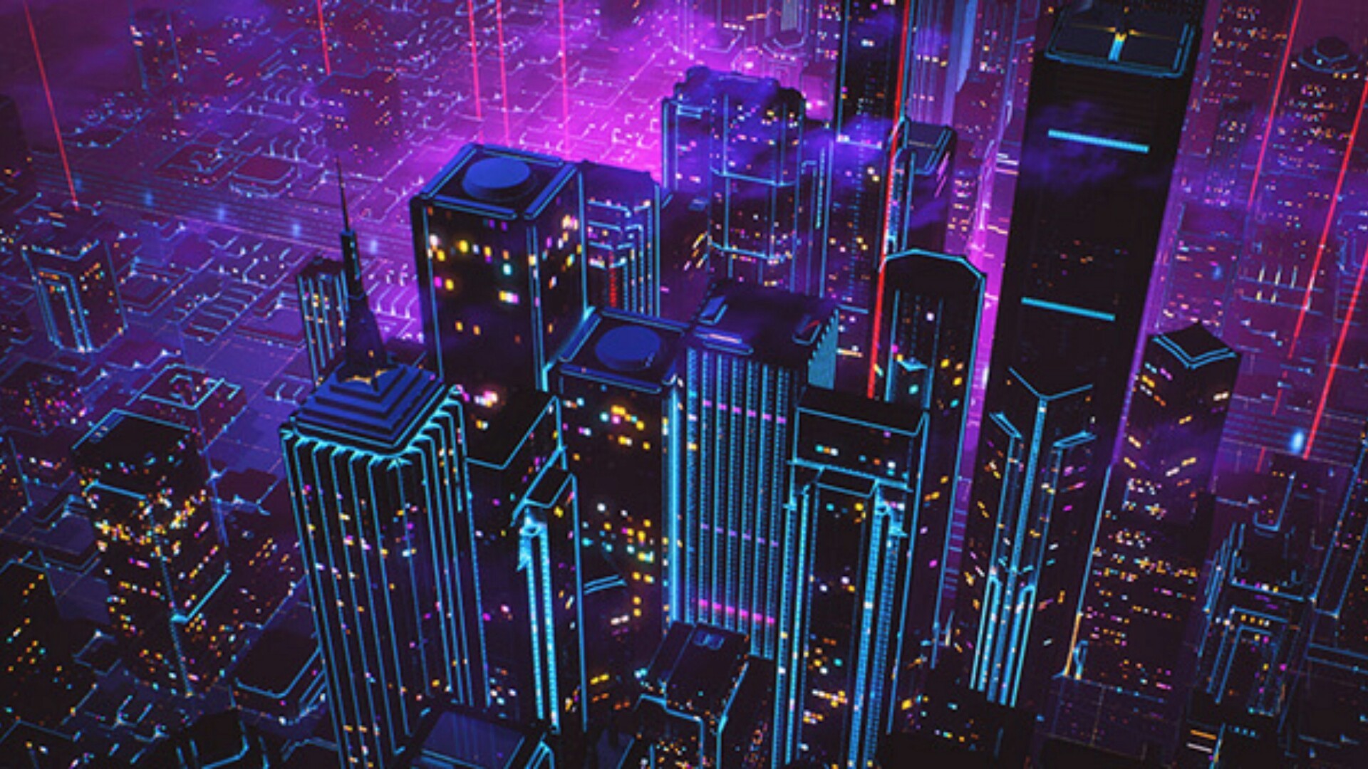 Città notturna, Grattacieli, Viola, Cyberpunk, Full HD 1080p, sfondo desktop