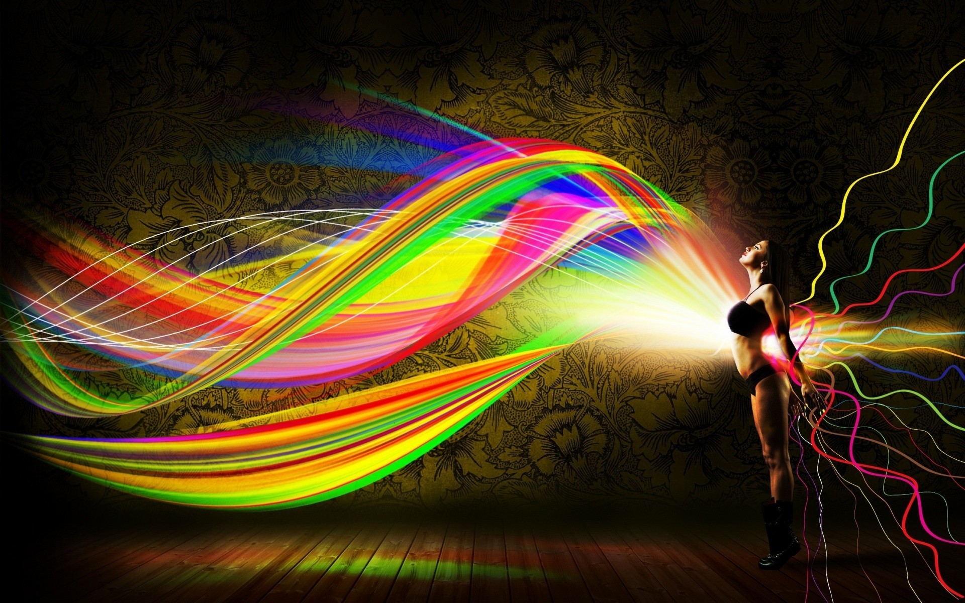 Arte digitale, Scie luminose, Arcobaleno, Figura femminile, Full HD, sfondo per portatile