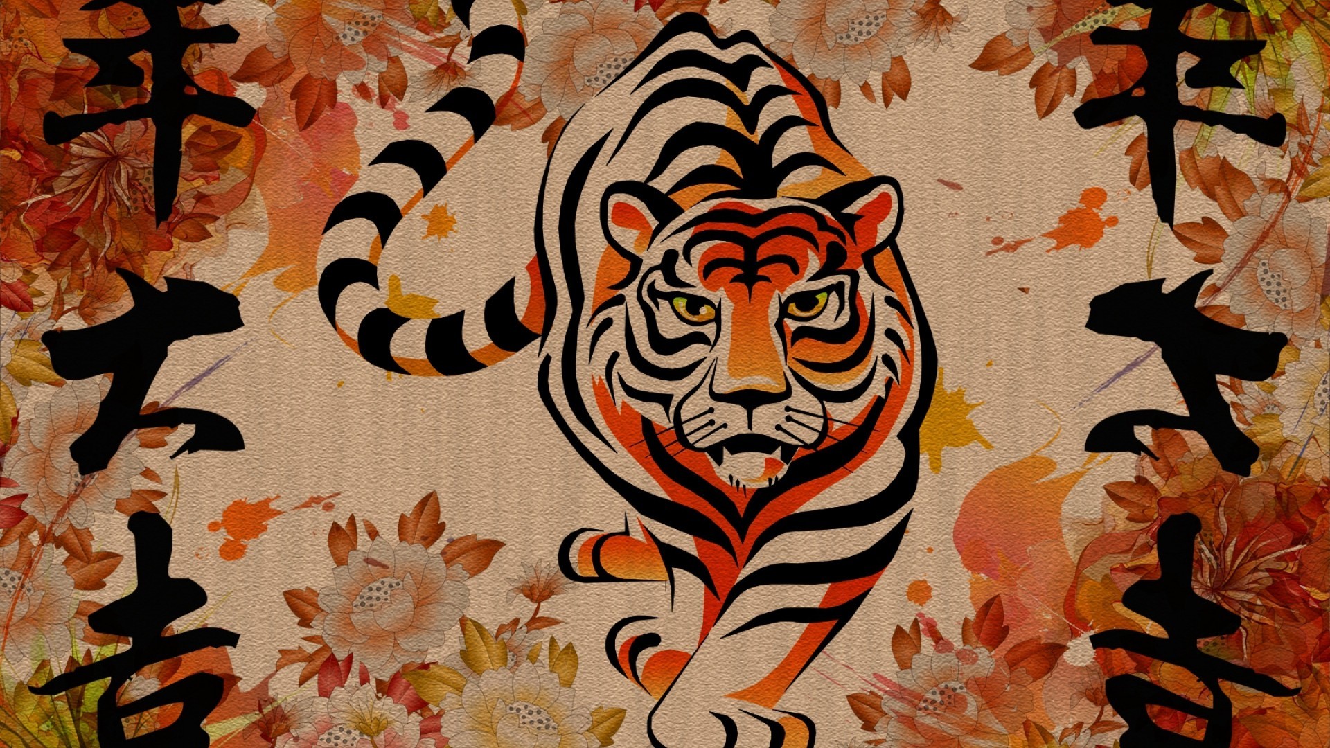 Tigre, Arte giapponese, Ideogrammi, Fiori, Full HD, sfondo per PC