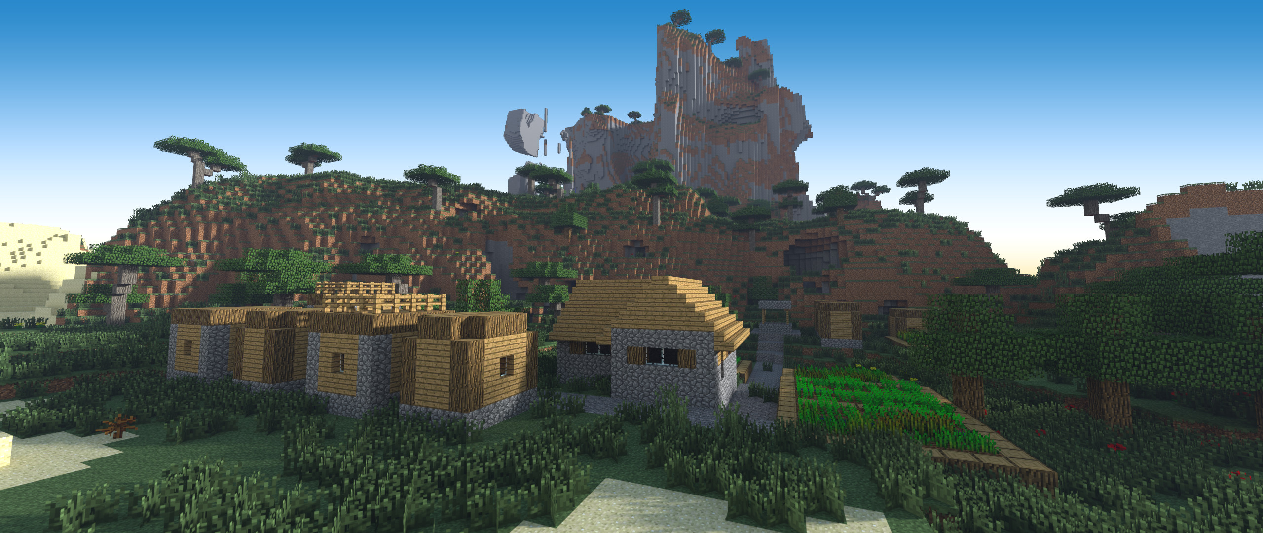 Minecraft, Villaggio, Collina, Cielo azzurro, 2560x1080, immagine di sfondo