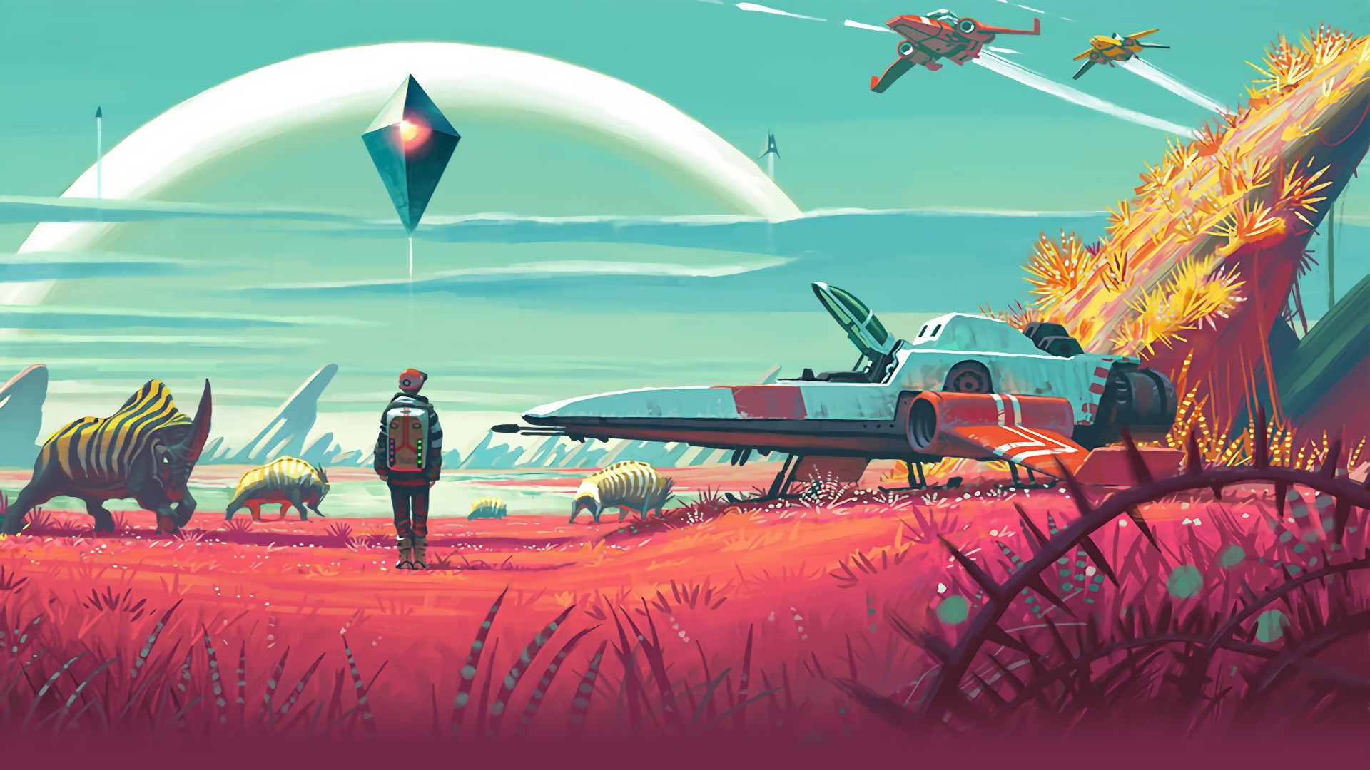 No Man's Sky, Pianeta alieno, Astronave, Creature, Fantascienza, sfondo Full HD per PC
