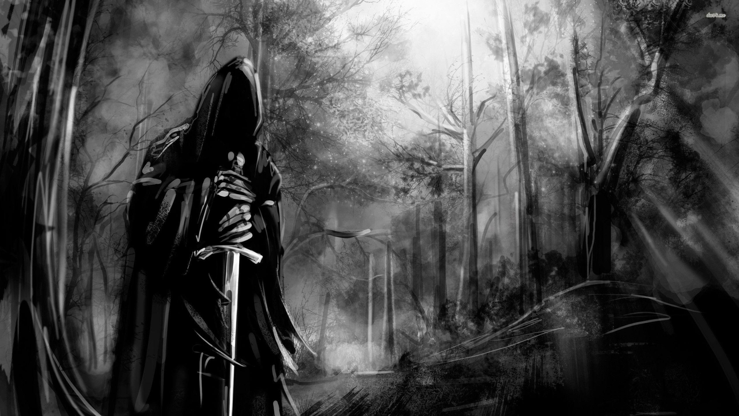 Tristo Mietitore, Bosco, Bianco e nero, Spada, 2K, sfondo per portatile