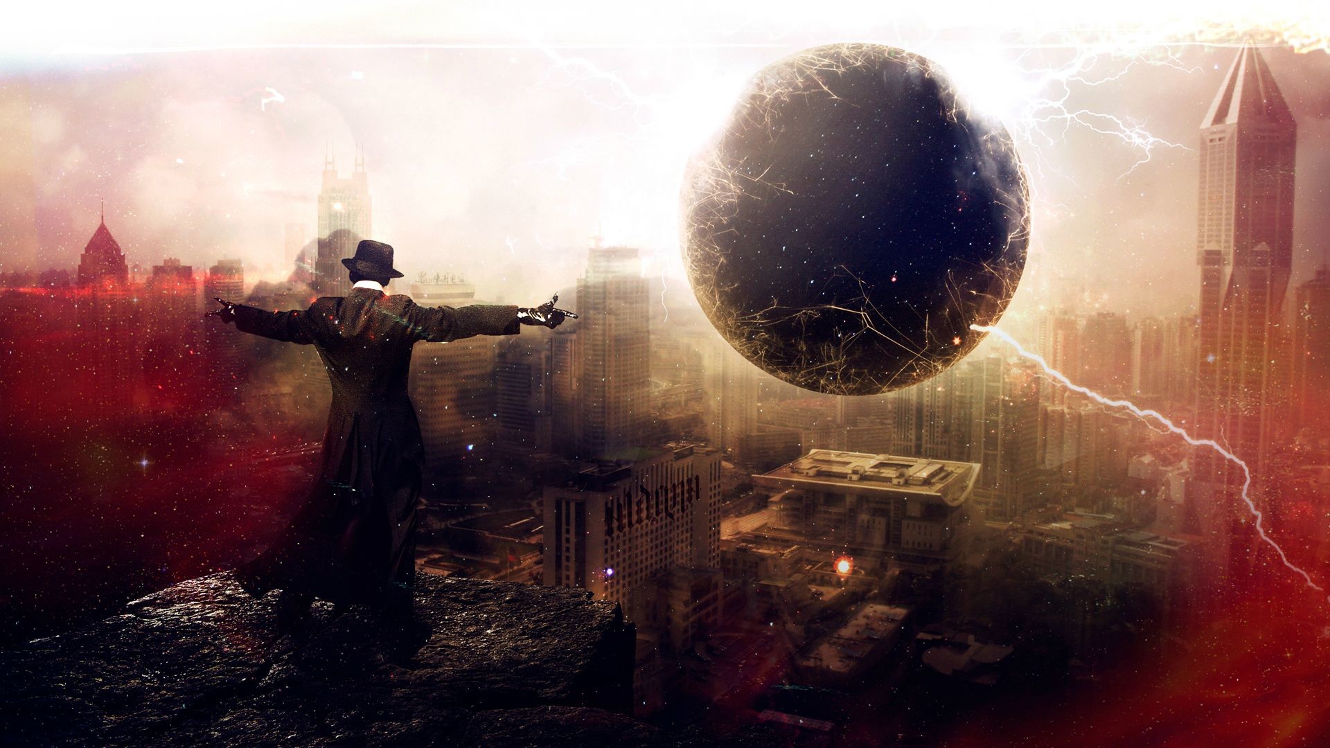 Buco nero, Città, Uomo, Fulmini, Surreale, Full HD, wallpaper per PC