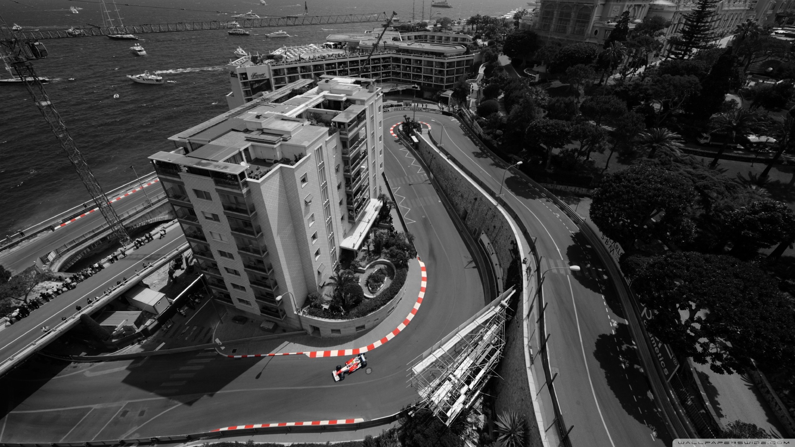Circuito di Monaco, Gran Premio di Monaco, Monte Carlo, Formula 1, Vista aerea, Bianco e nero, sfondo 2K