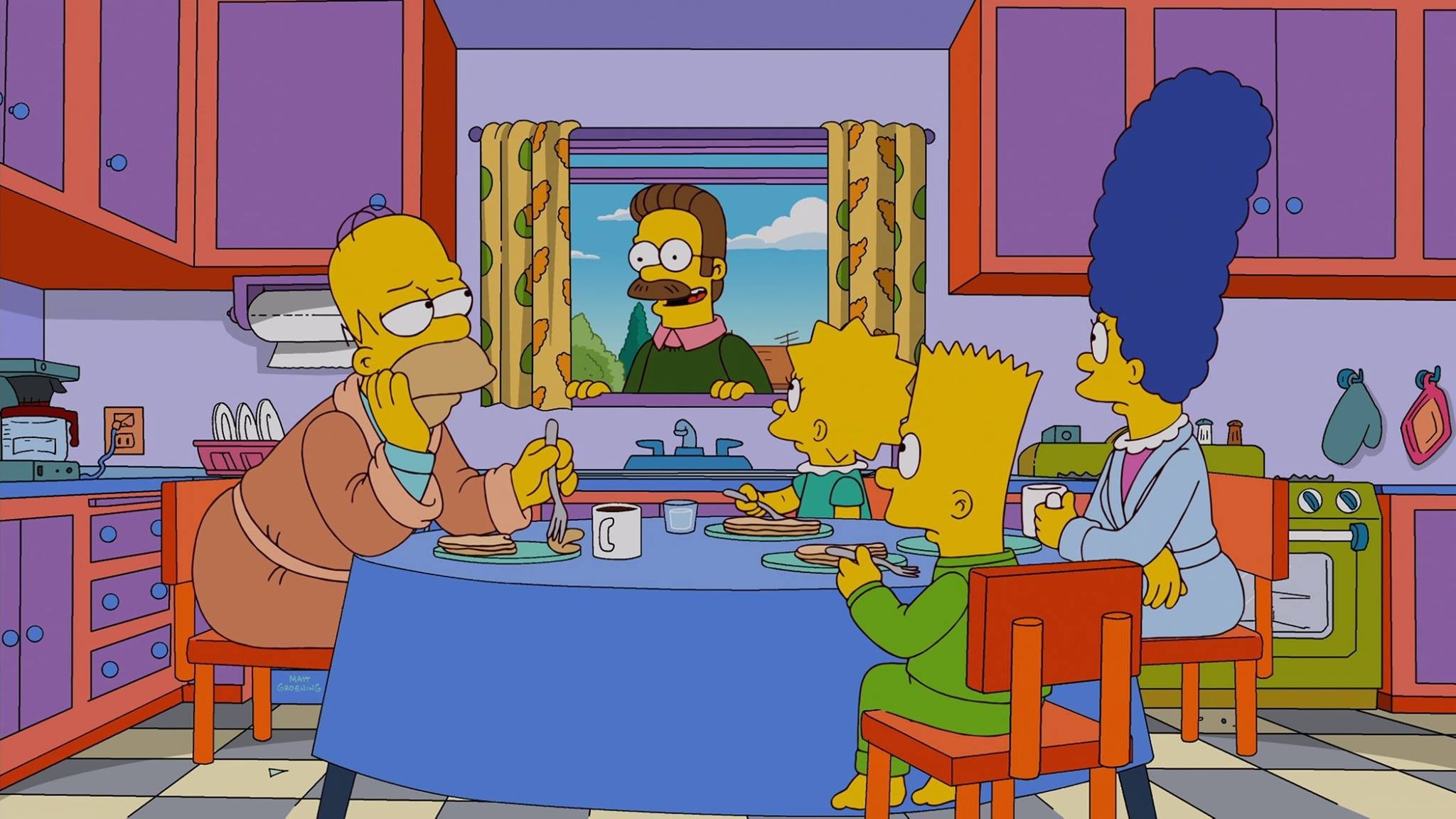 Homer Simpson, Marge Simpson, Bart Simpson, Ned Flanders, I Simpson, Cucina, Colazione, immagine di sfondo