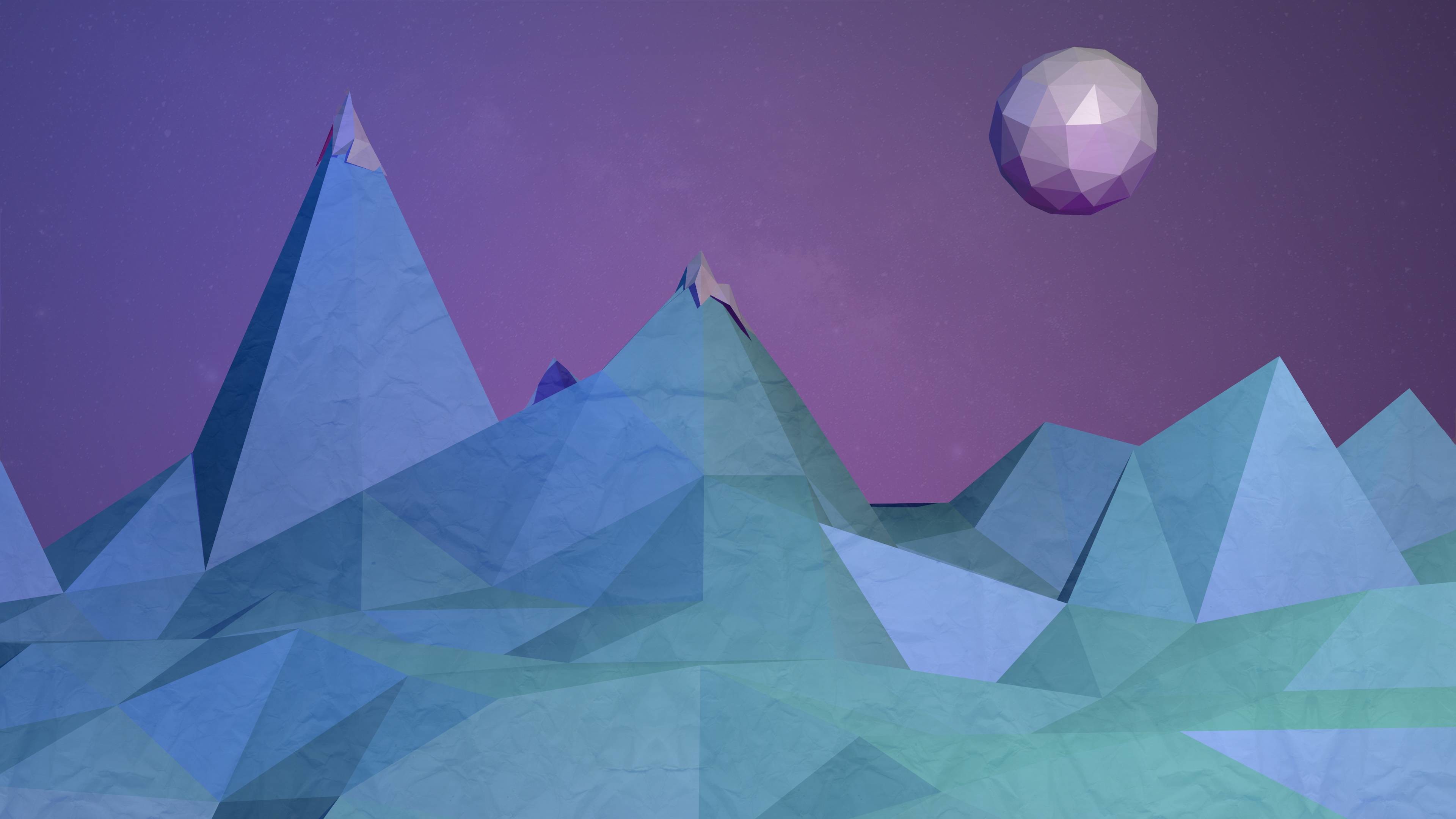 Low poly, Montagne, Luna, Viola, 4K, sfondo per portatile
