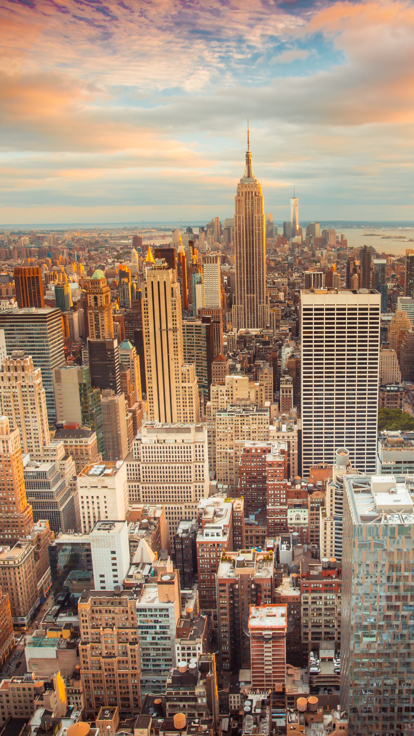 Empire State Building, Manhattan, Skyline, Tramonto, QHD+, sfondo per iPhone e Android