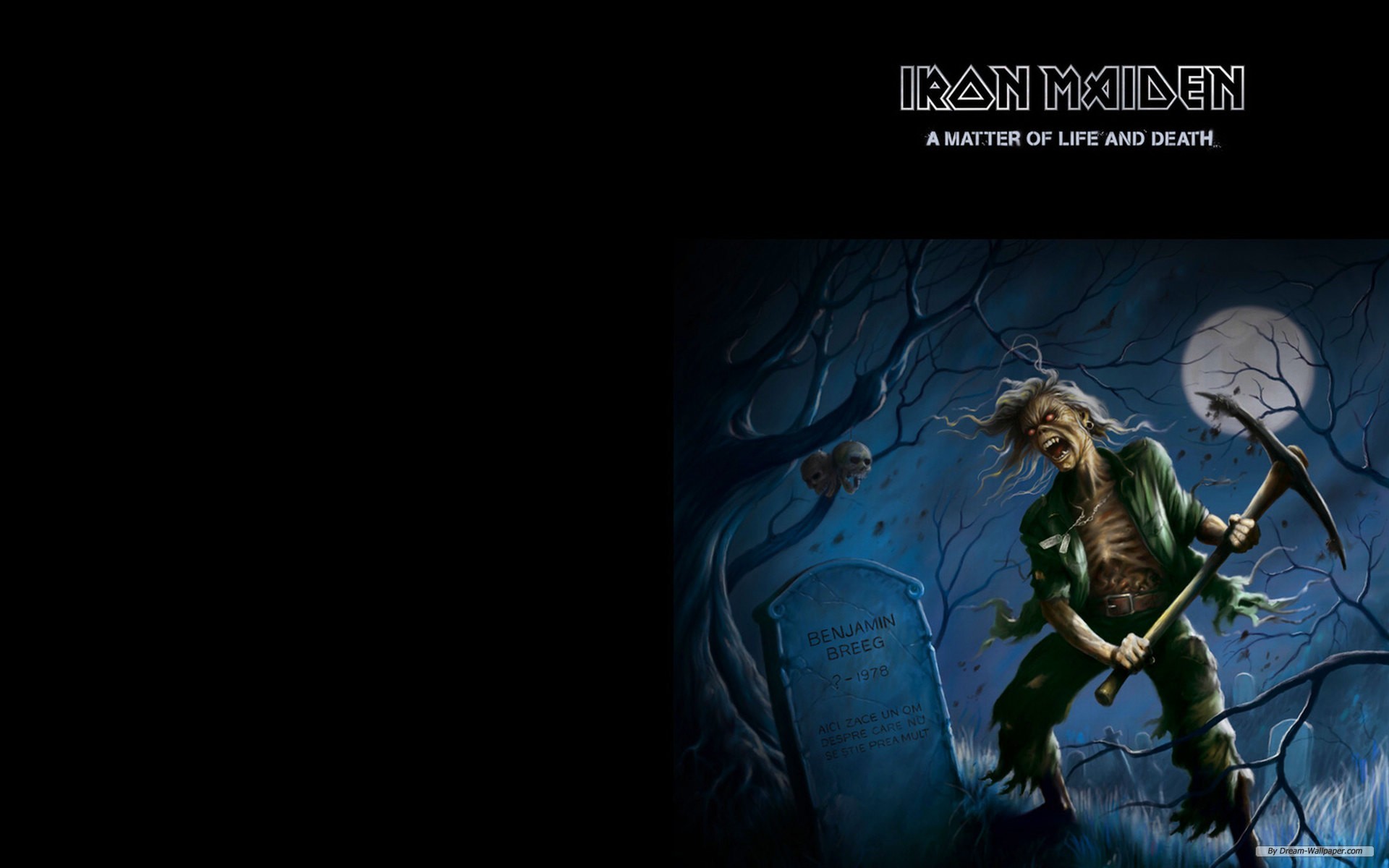 Eddie, A Matter of Life and Death, Iron Maiden, Cimitero, Luna piena, Sfondo nero, wallpaper desktop