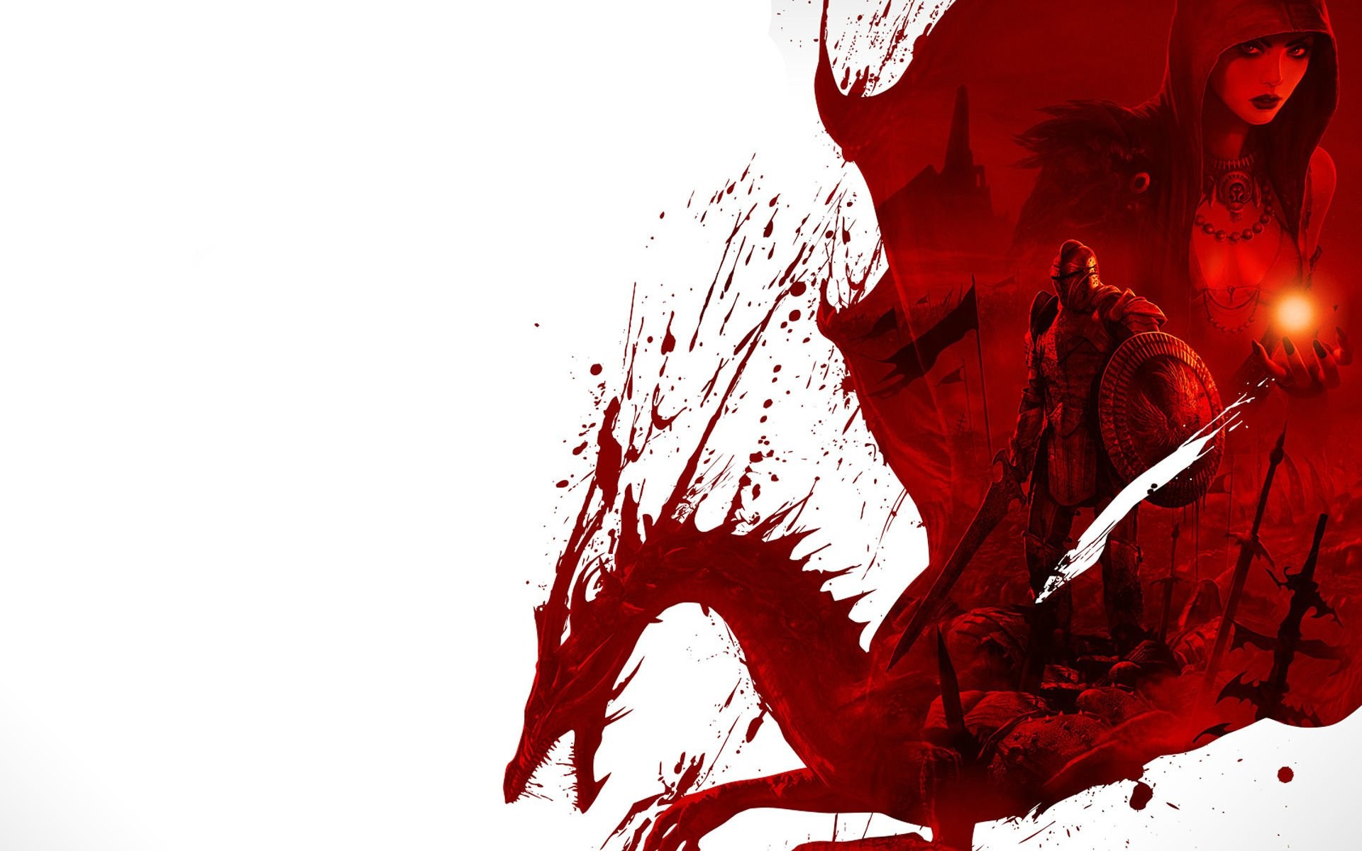 Dragon Age II, Hawke, Drago rosso, Schizzi di sangue, Sfondo bianco, wallpaper desktop Full HD