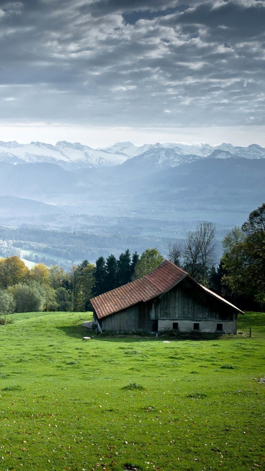 Baita, Prato verde, Montagne, Paesaggio, wallpaper per smartphone