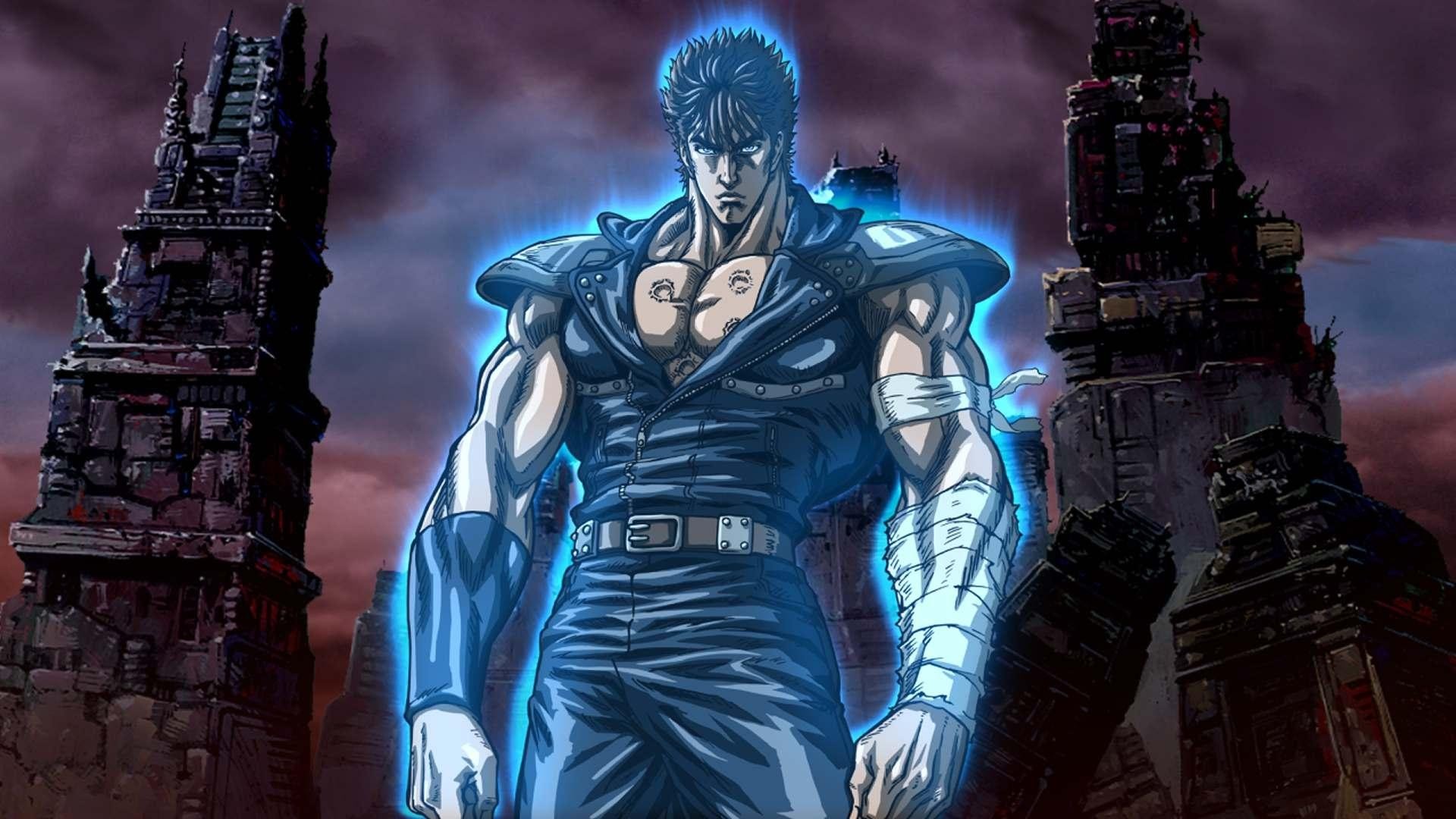 Kenshiro, Ken il guerriero, Aura blu, Rovine, Cielo viola, Full HD, sfondo per PC e portatile