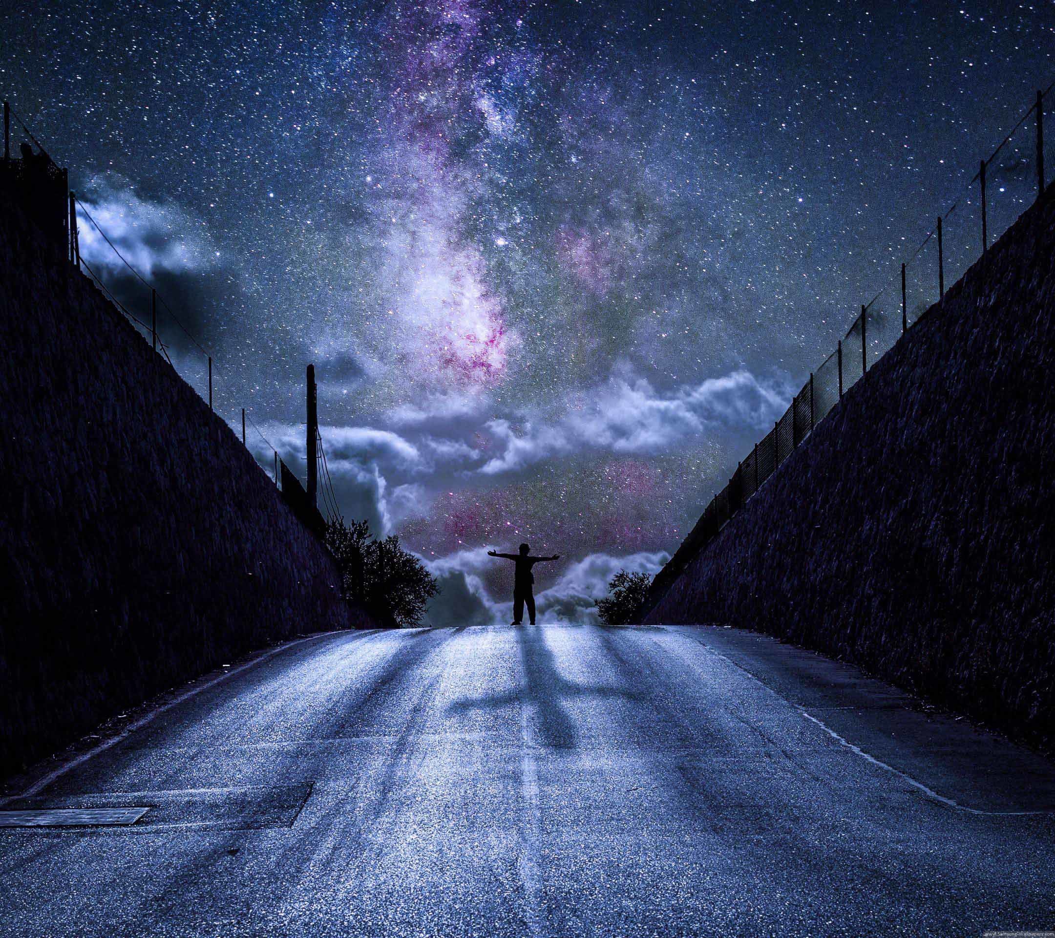 Via Lattea, Cielo stellato, Strada, Notte, sfondo Galaxy S7 Full HD