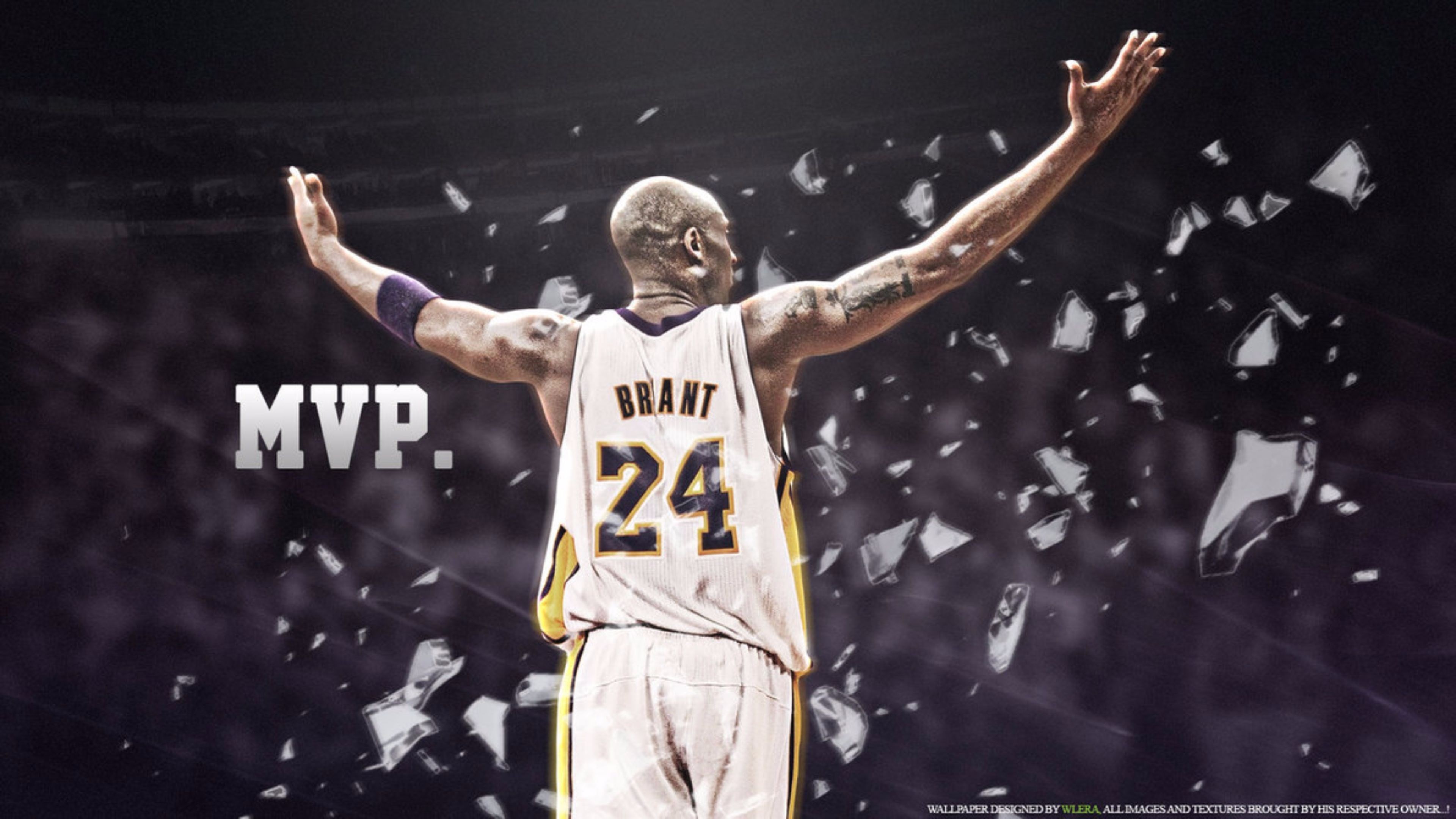 Kobe Bryant, Los Angeles Lakers, MVP, Braccia alzate, Vetri infranti, sfondo Windows 11