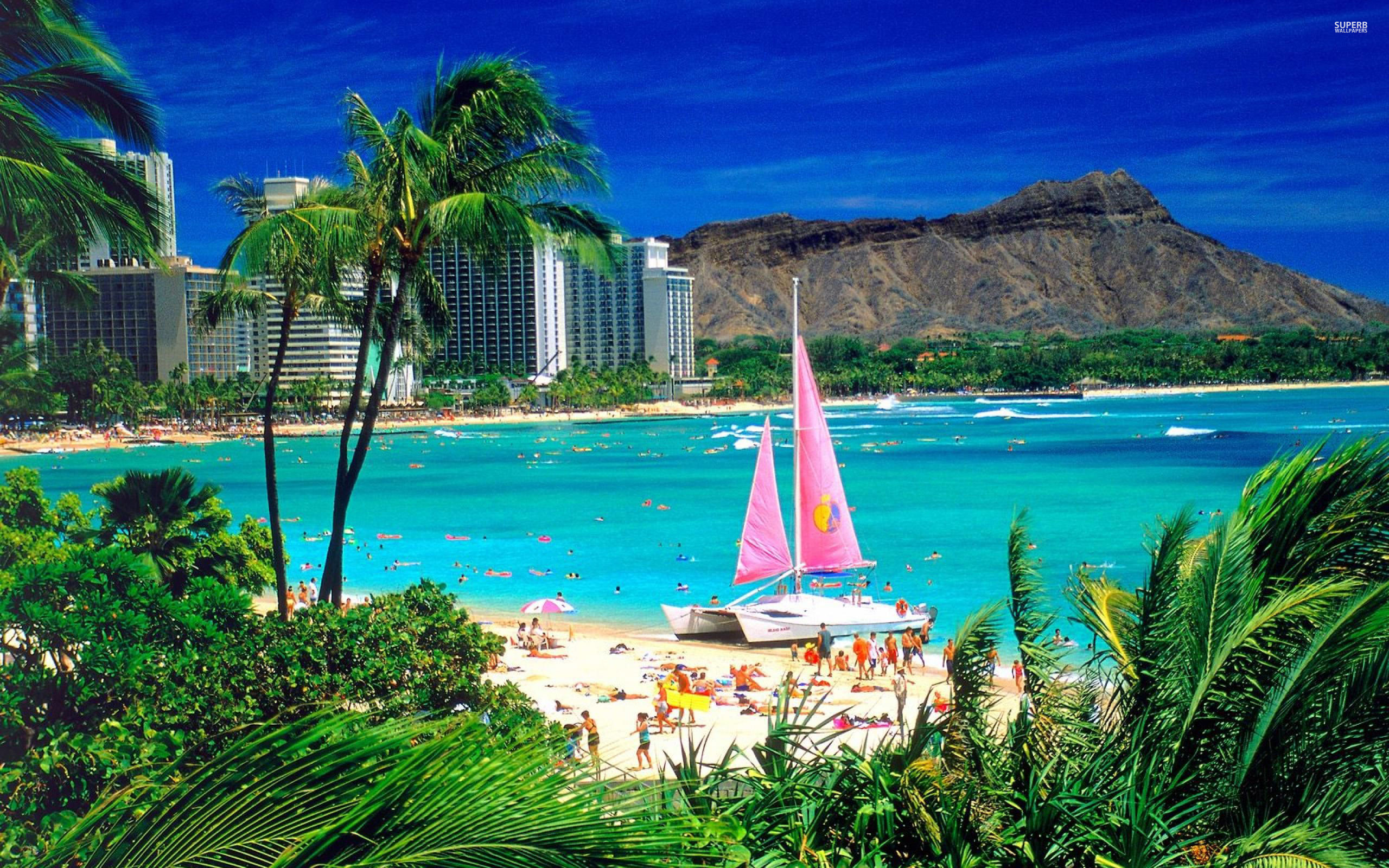Waikiki Beach, Diamond Head, Honolulu, Oahu, Hawaii, Catamarano, sfondo MacBook Pro