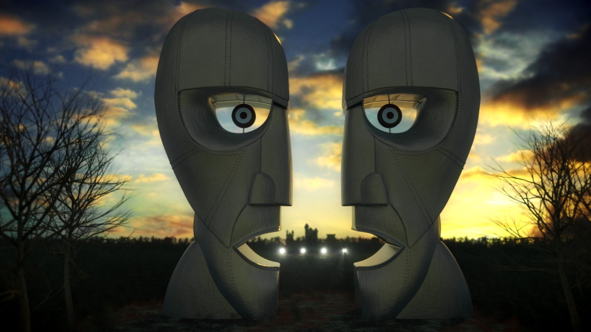The Division Bell, Pink Floyd, Teste metalliche, Tramonto, Copertina, sfondo Full HD per portatile