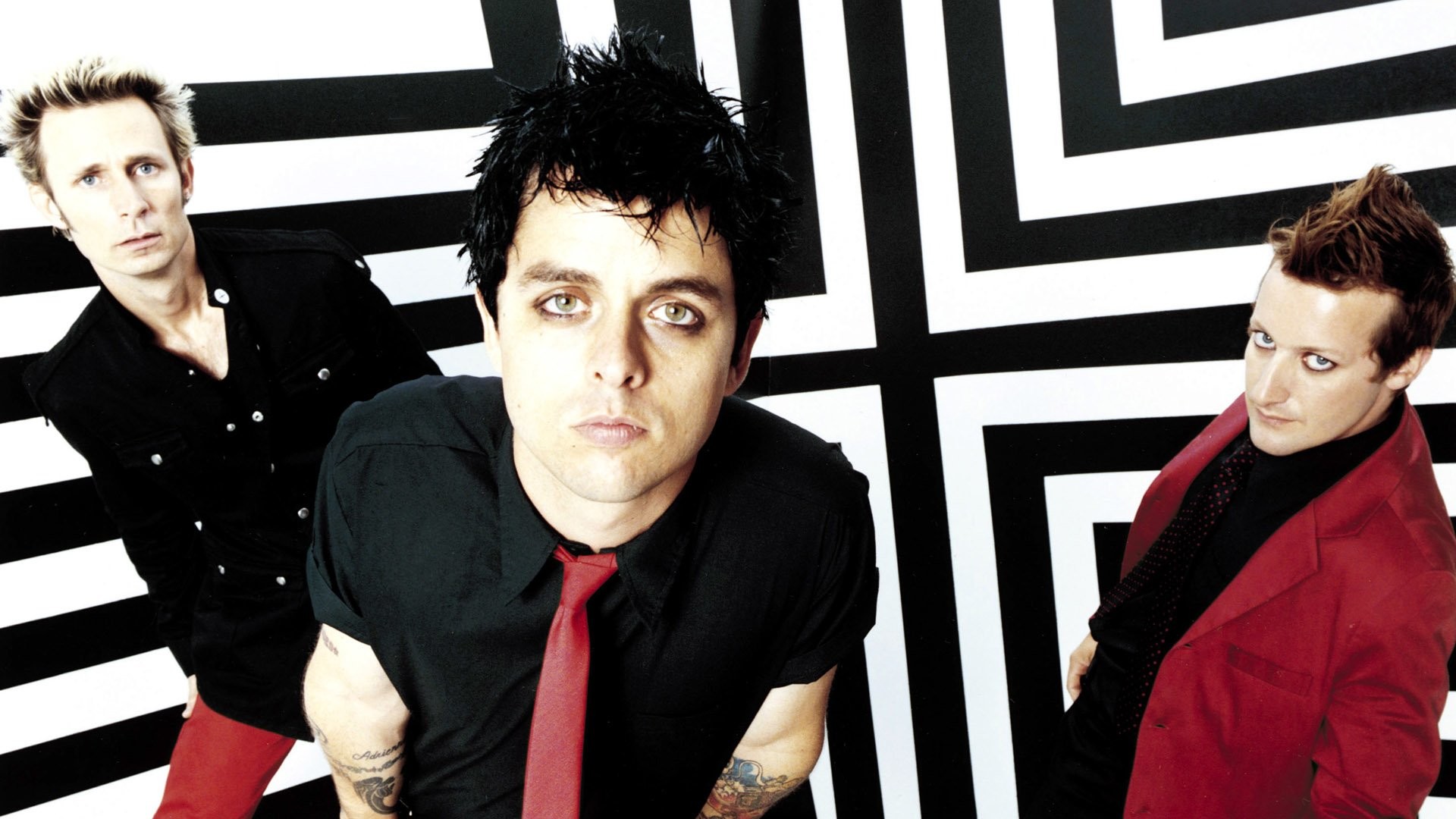 Green Day, Billie Joe Armstrong, Mike Dirnt, Tré Cool, Bianco e nero, sfondo widescreen Full HD
