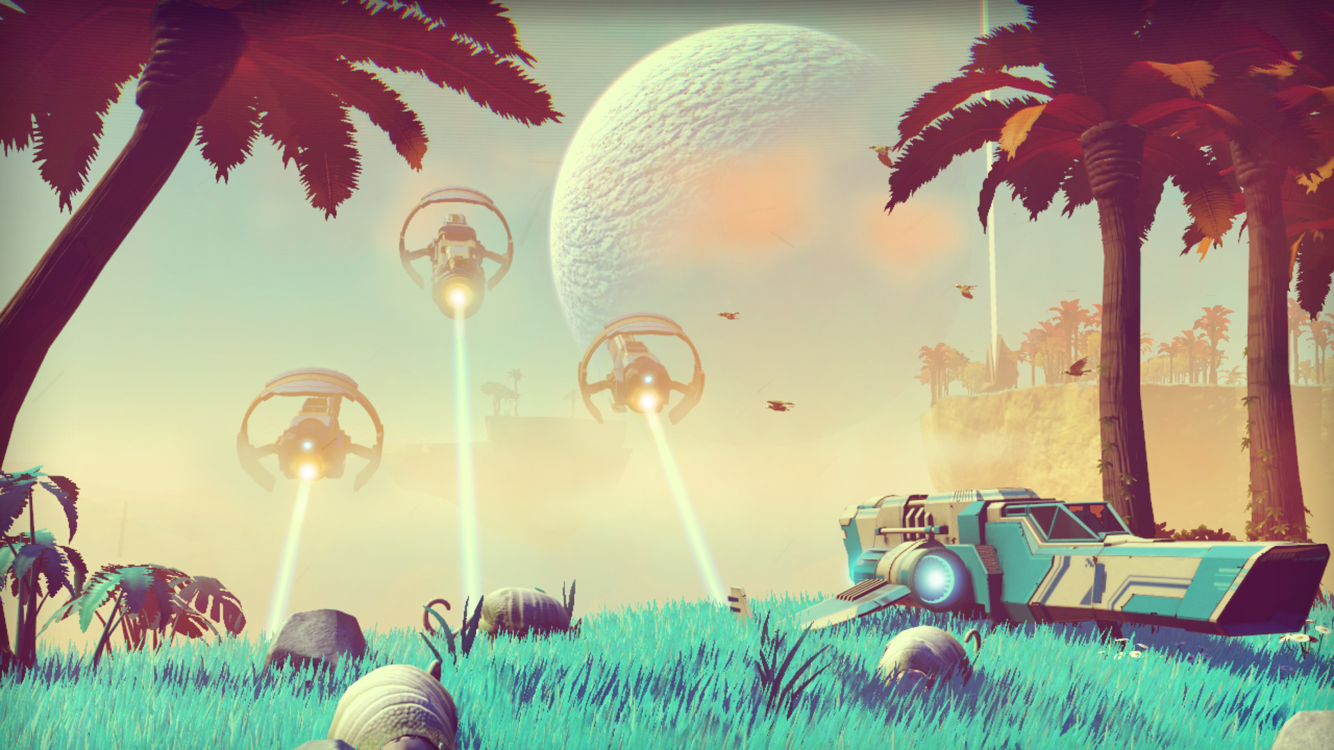 No Man's Sky, Sentinelle, Astronave, Palme, Luna, Full HD, wallpaper desktop