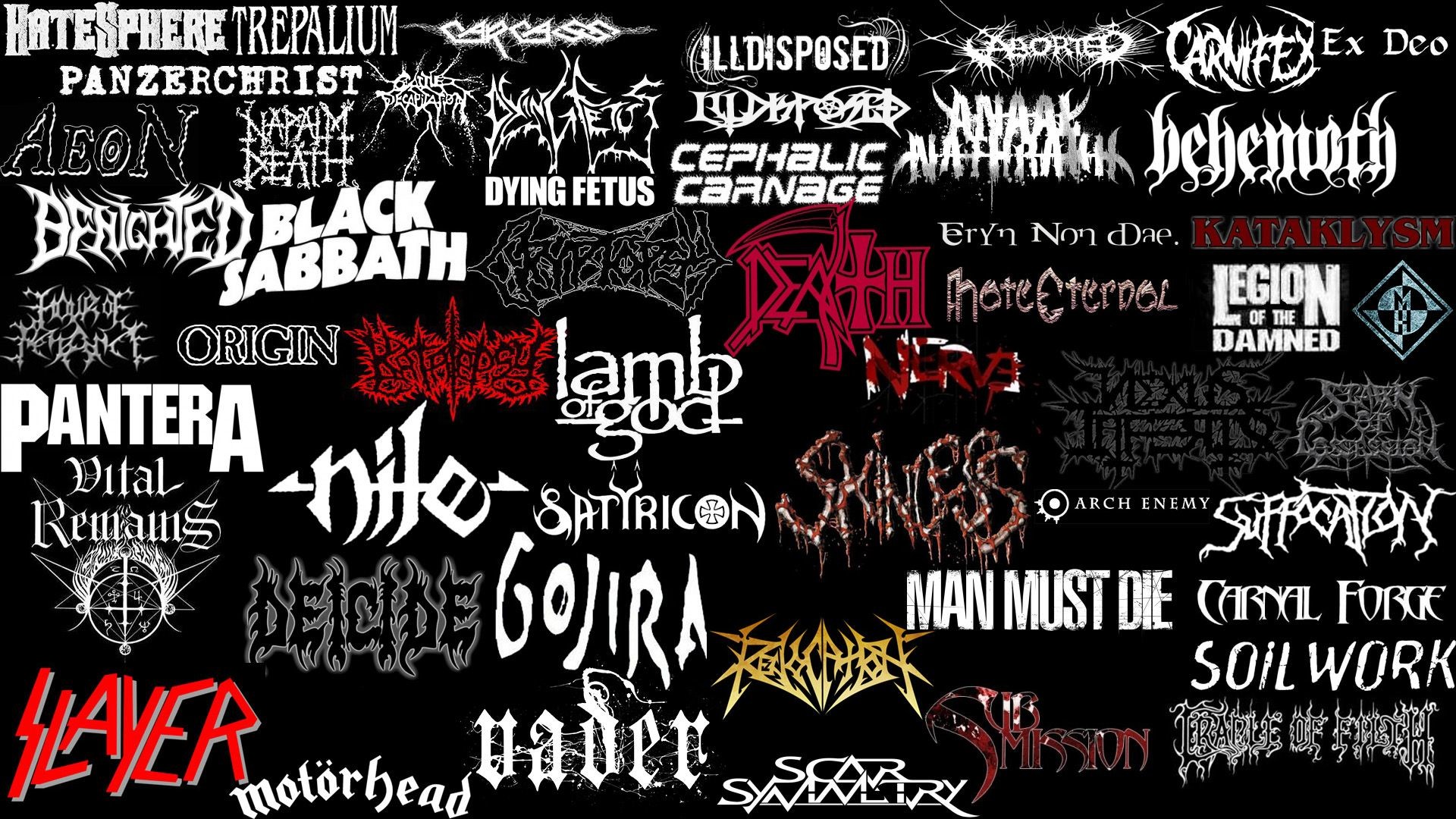 Loghi band metal, Slayer, Pantera, Black Sabbath, Gojira, Behemoth, Motörhead, immagine di sfondo