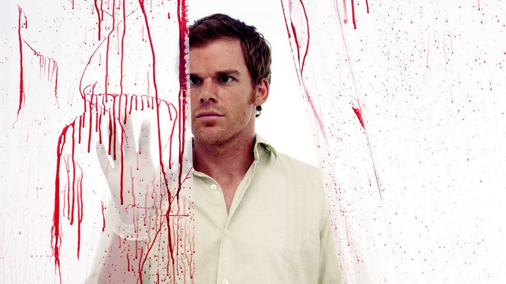 Dexter Morgan, Michael C. Hall, Dexter, Schizzi di sangue, Sfondo bianco, wallpaper desktop Full HD