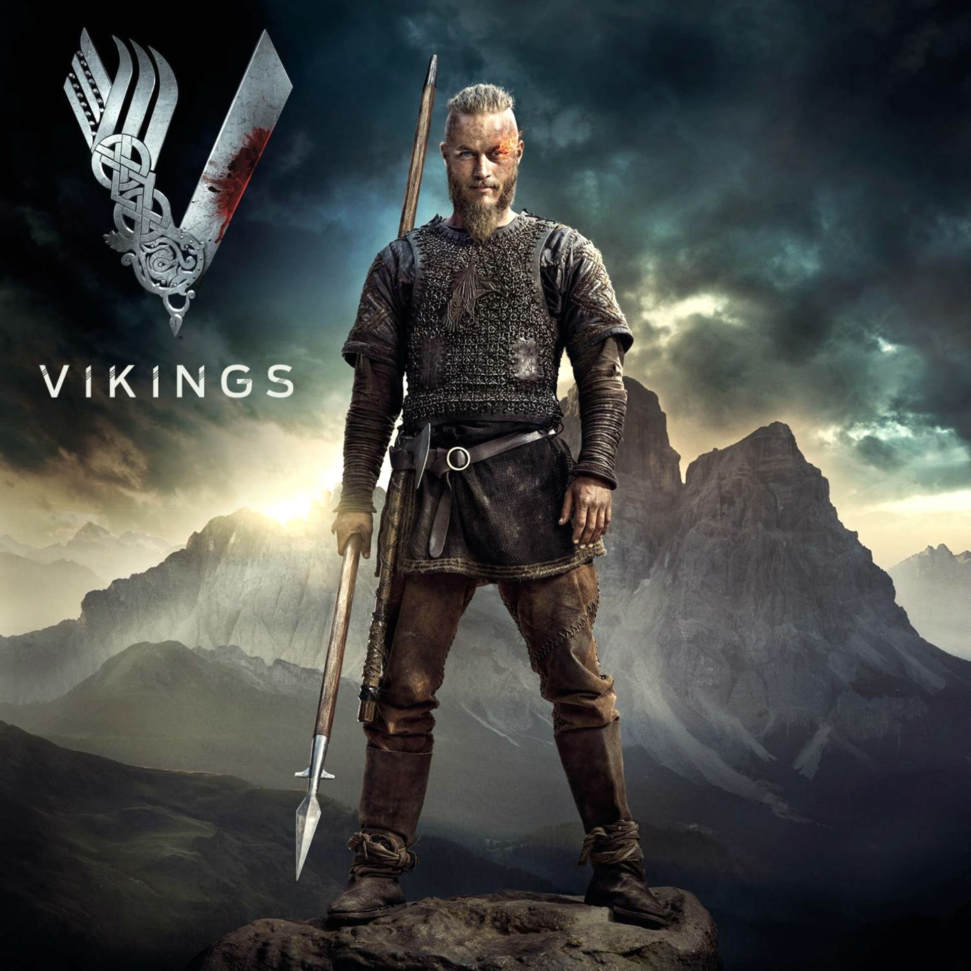 Ragnar Lothbrok, Vikings, Lancia, Montagne, Full HD, schermata di blocco iPad