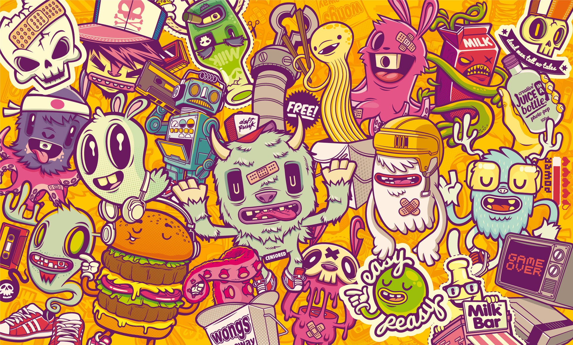 Doodle art, Mostriciattoli, Cartoon, Colori vivaci, Full HD, sfondo Windows 11