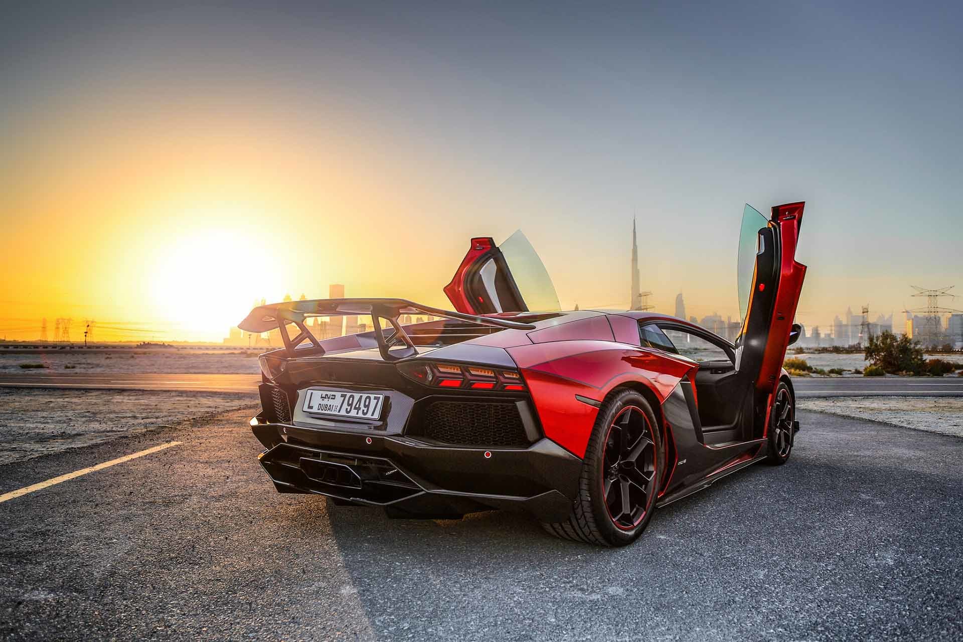 Lamborghini Aventador, Tramonto, Portiere a forbice, Vista posteriore, sfondo Full HD per computer
