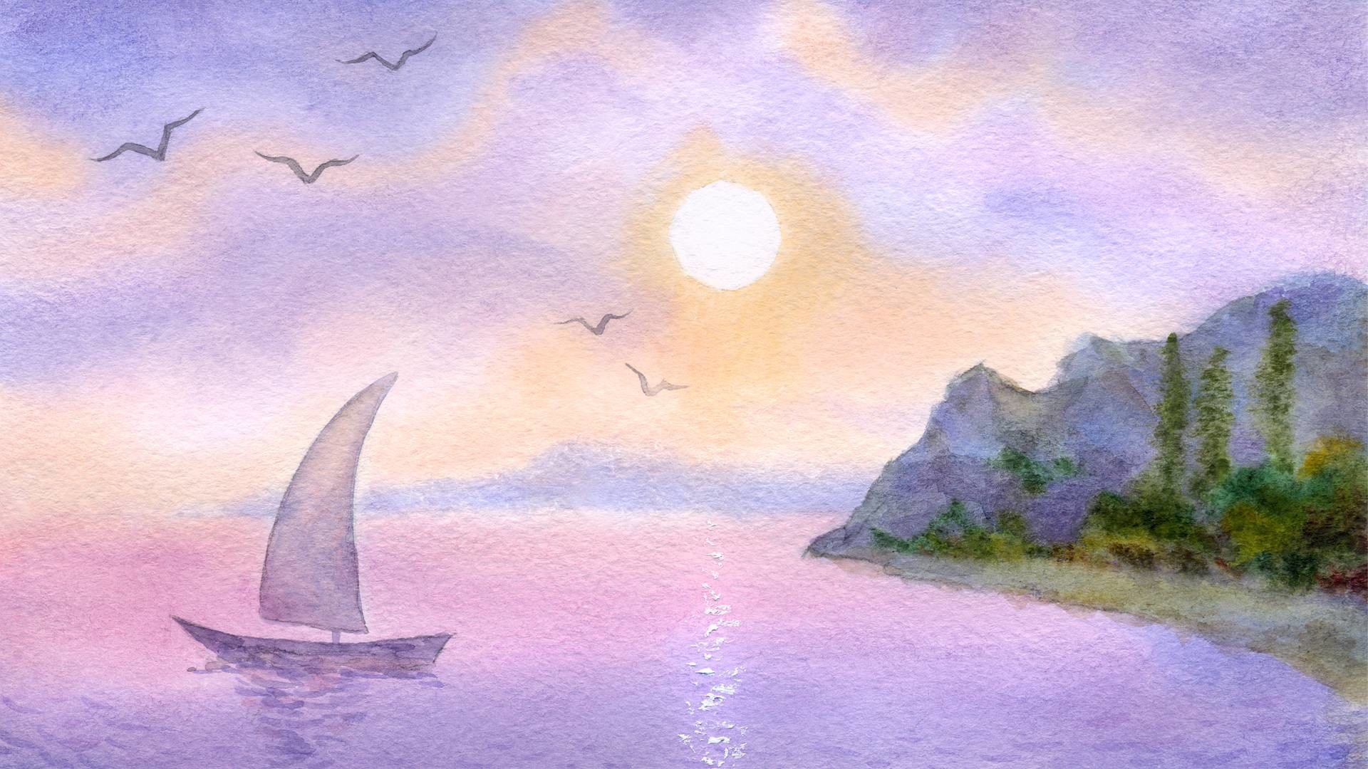 Barca a vela, Mare, Tramonto, Gabbiani, Acquerello, 16:9 Full HD, sfondo widescreen