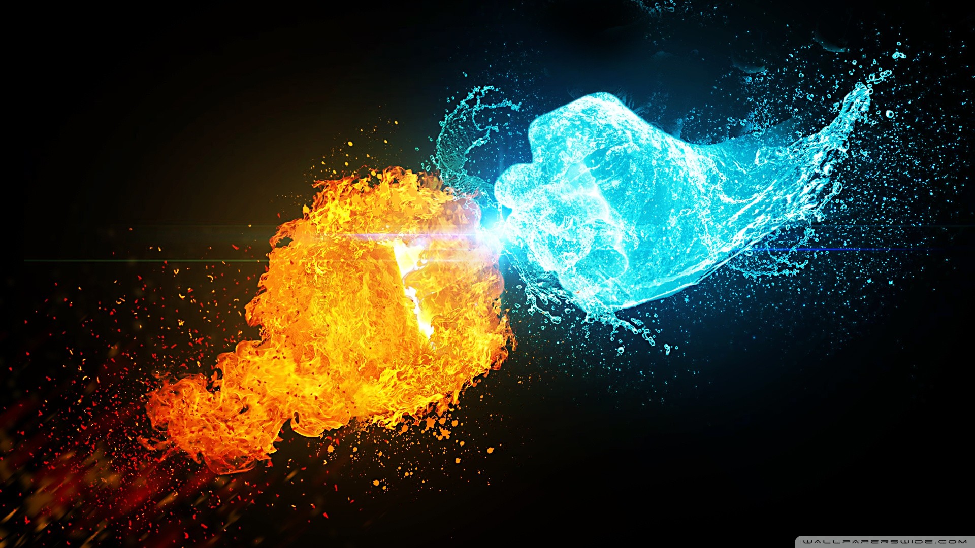 Fuoco e acqua, Pugni, Schizzi, Arte digitale, 16:9 Full HD, sfondo widescreen
