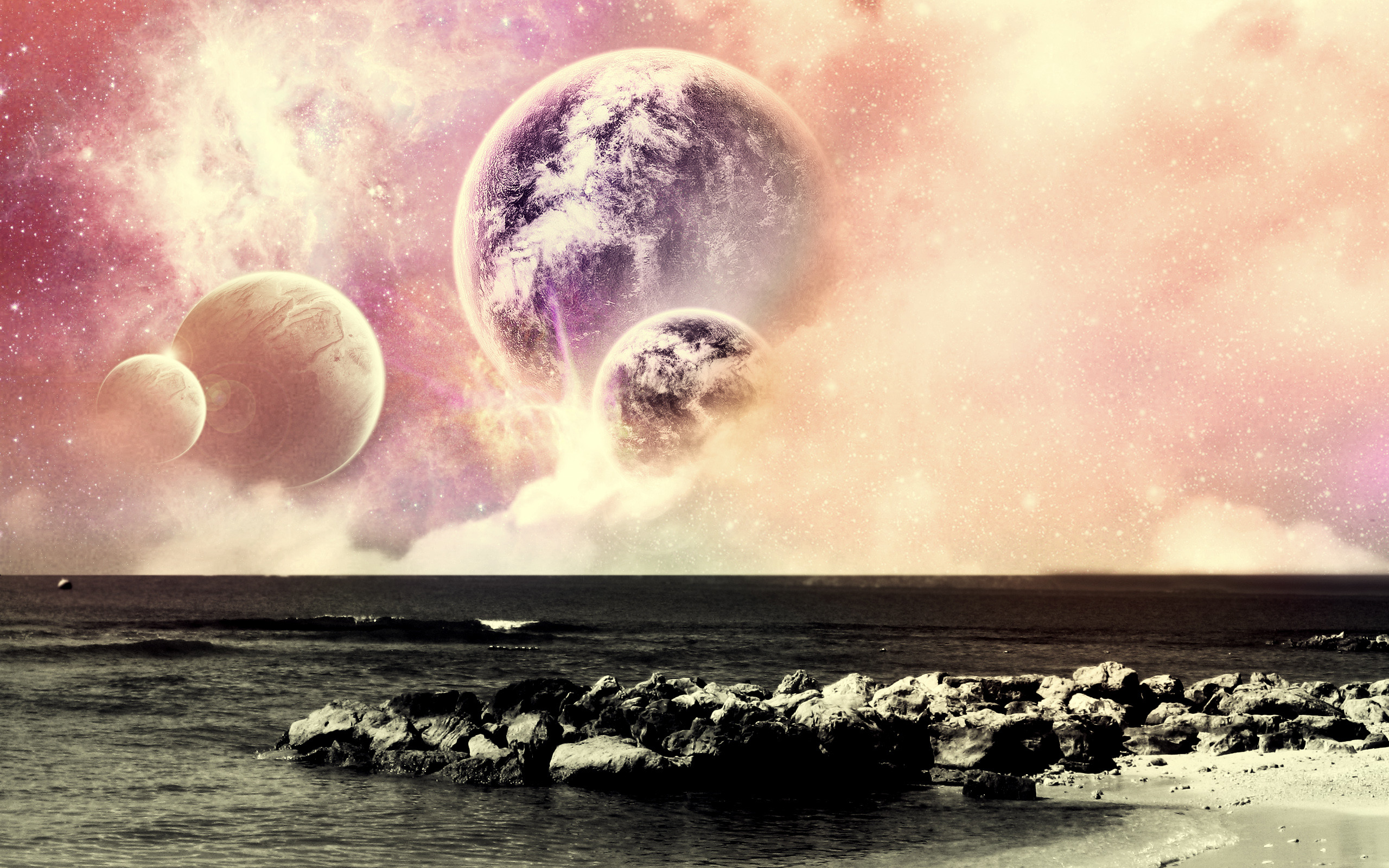 Pianeti, Mare, Surreale, Arte digitale, 2K, sfondo per il tuo desktop