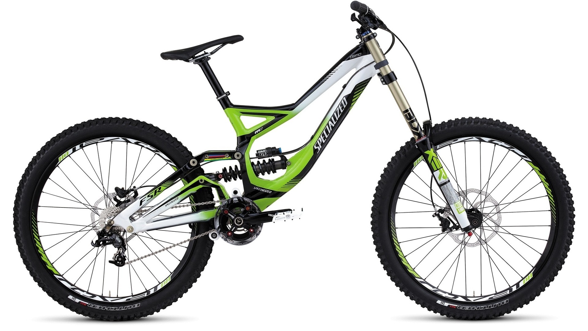 Specialized Demo, Bici da downhill, Verde e bianco, Sfondo bianco, wallpaper Windows 11