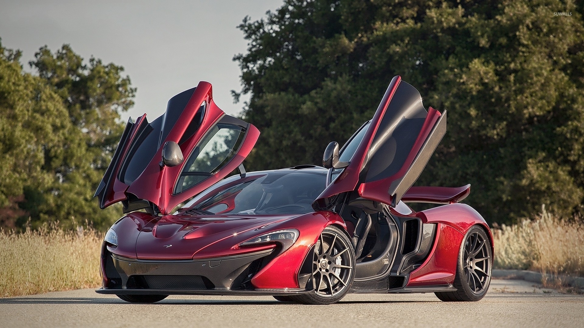 McLaren P1, Portiere ad ala, Rosso scuro, Alberi, Full HD 1080p, sfondo desktop