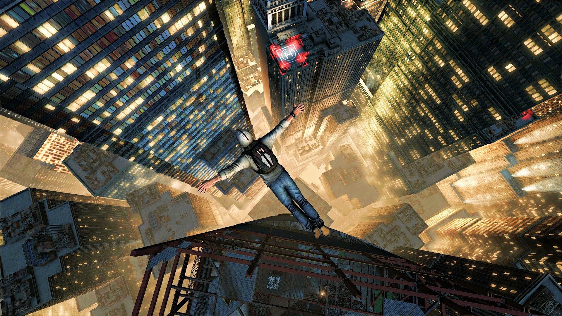 Parkour, Salto tra grattacieli, Vista dal basso, Notte, Full HD, sfondo per PC