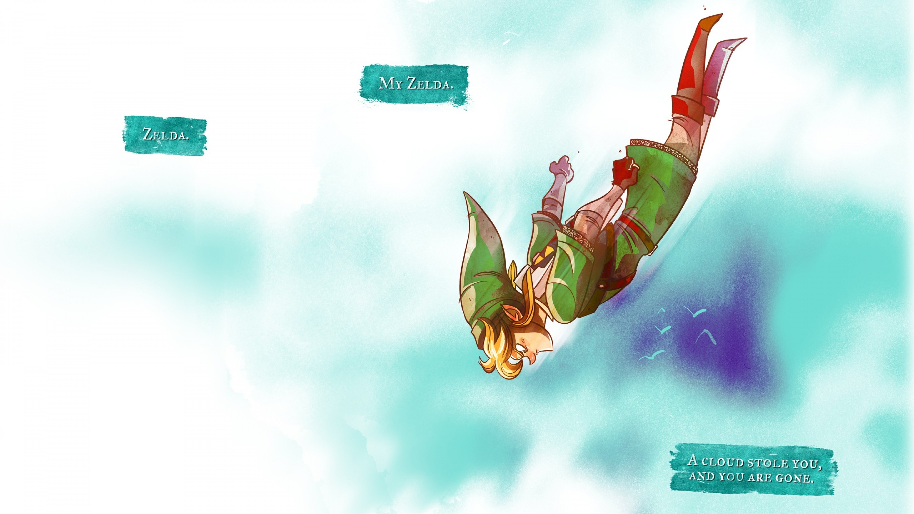 Link, The Legend of Zelda, Caduta, Cielo, Acquerello, 16:9 4K, sfondo widescreen