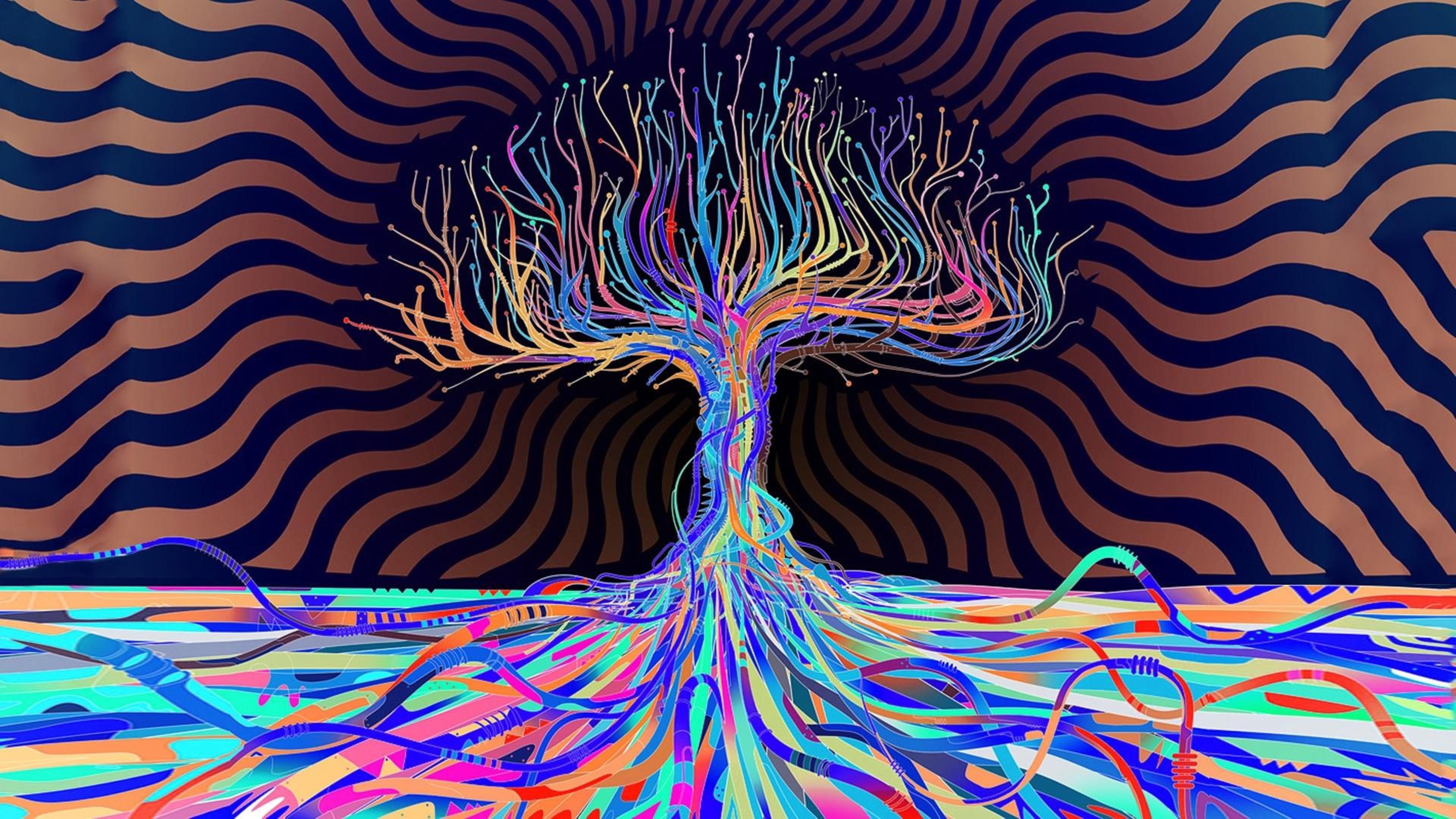 Albero, Psichedelico, Radici, Multicolore, Onde, 4K, sfondo per PC