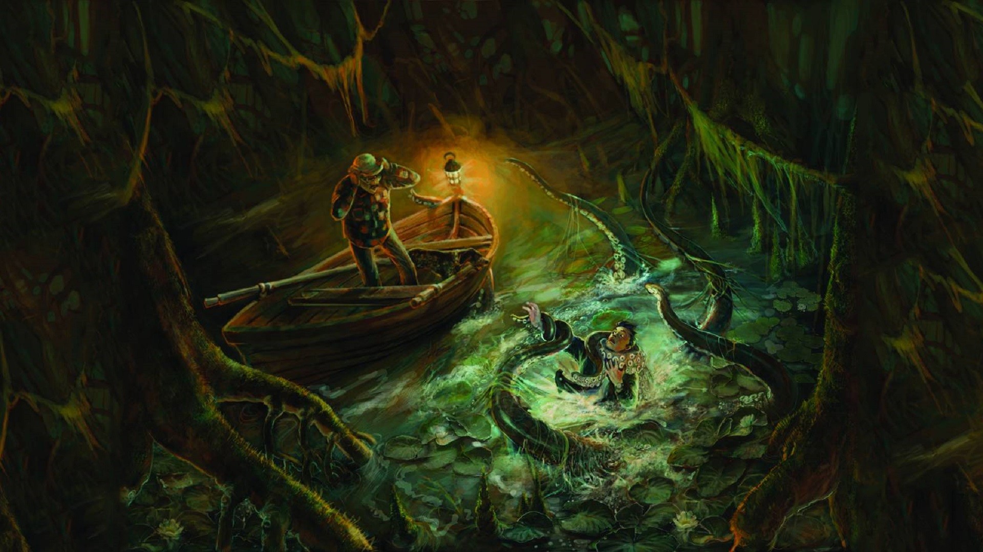 H. P. Lovecraft, Barca, Palude, Tentacoli, 1920x1080, sfondo per PC
