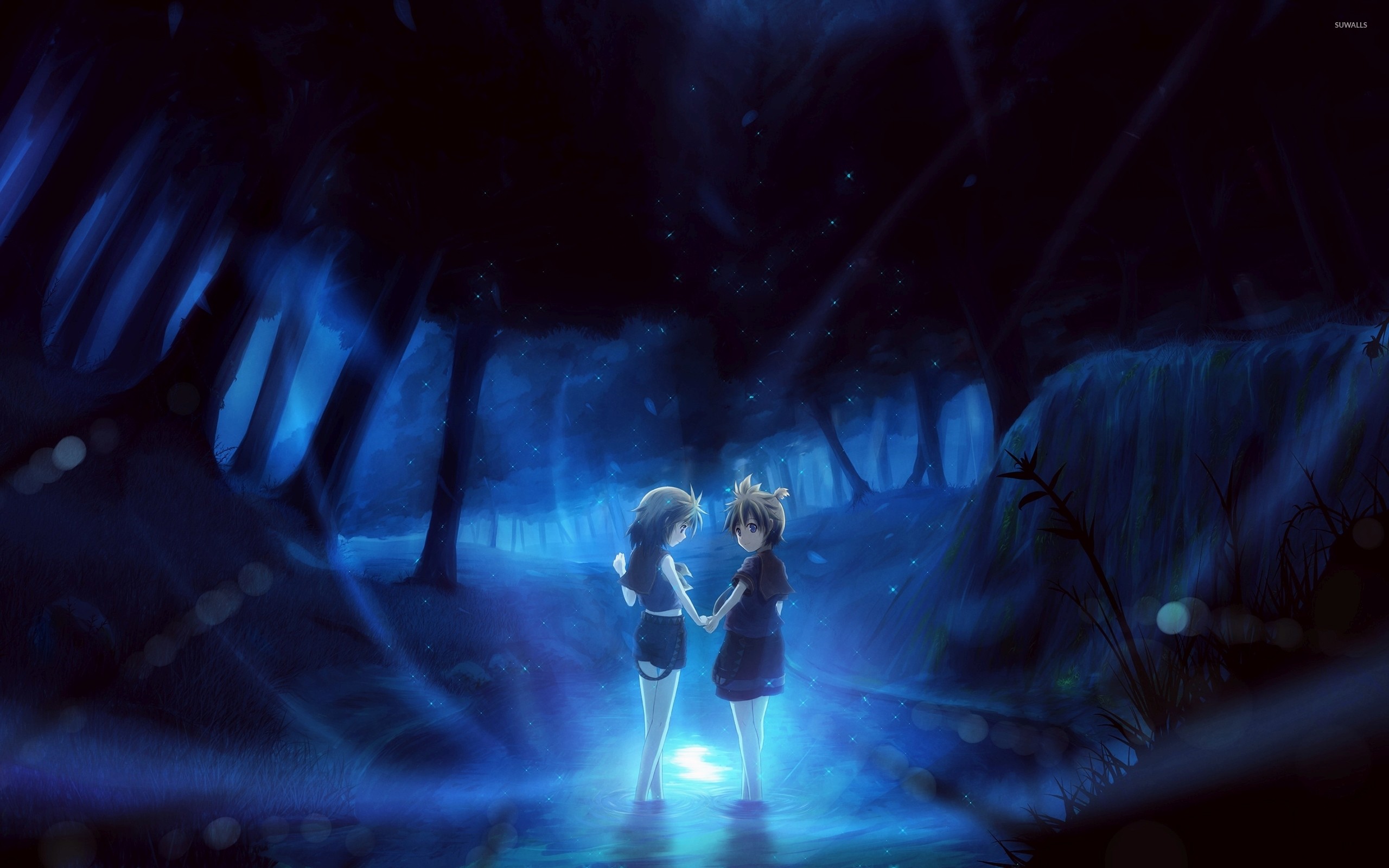 Foresta di notte, Anime, Due ragazze, Luce blu, 16:10 2K, sfondo widescreen