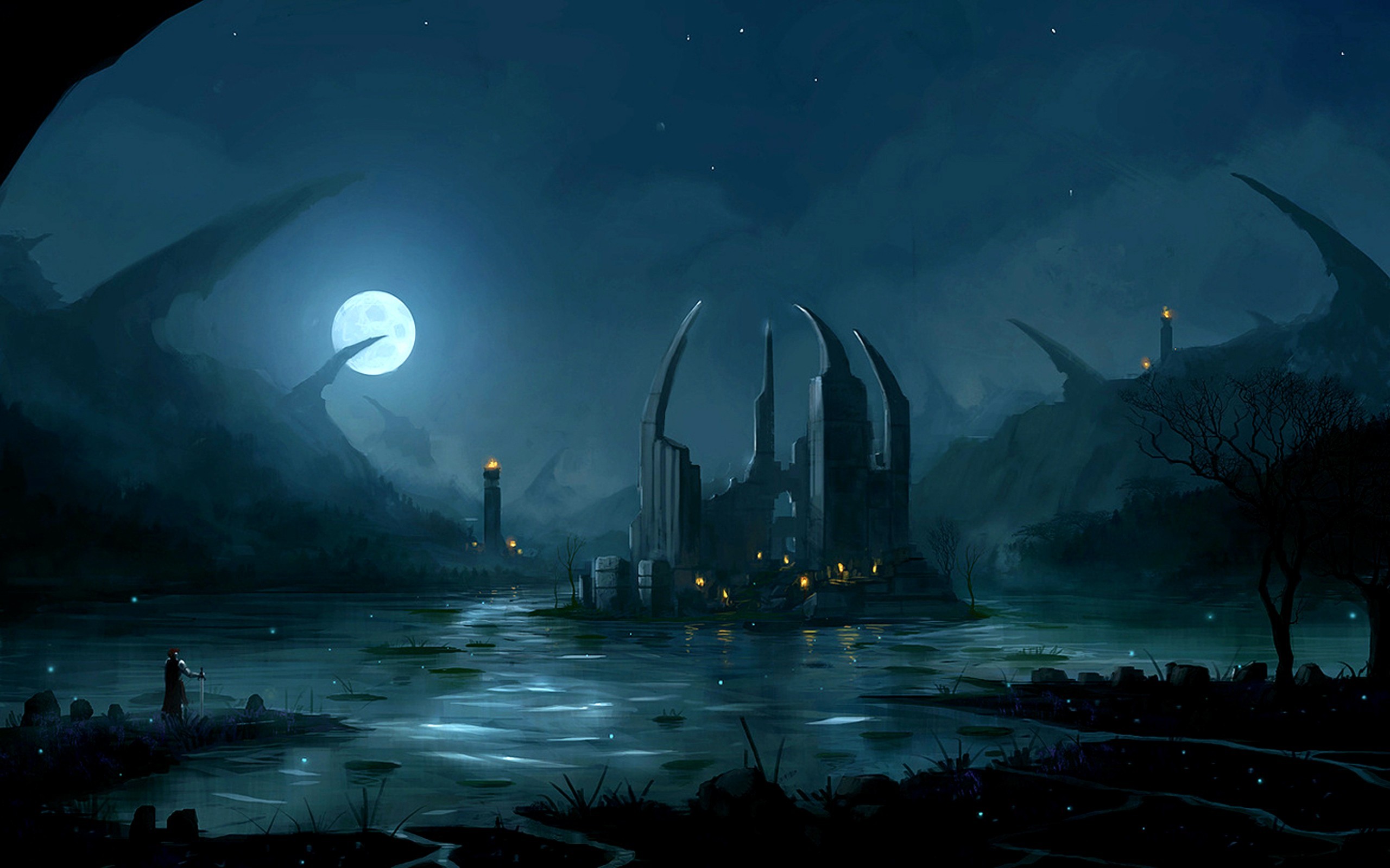 Città fantastica, Luna piena, Lago, Notte, Dark fantasy, Blu, 2K 1600p, sfondo desktop