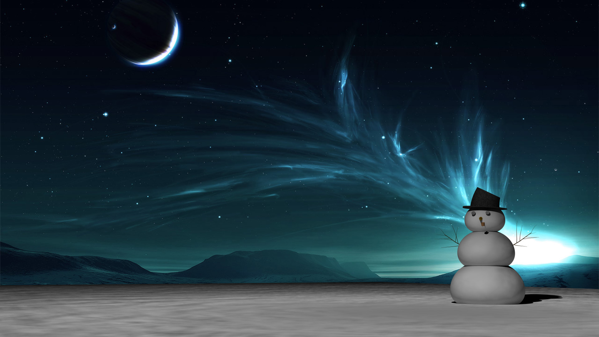 Natale, Pupazzo di neve, Aurora, Luna, Notte, Full HD, sfondo per portatile