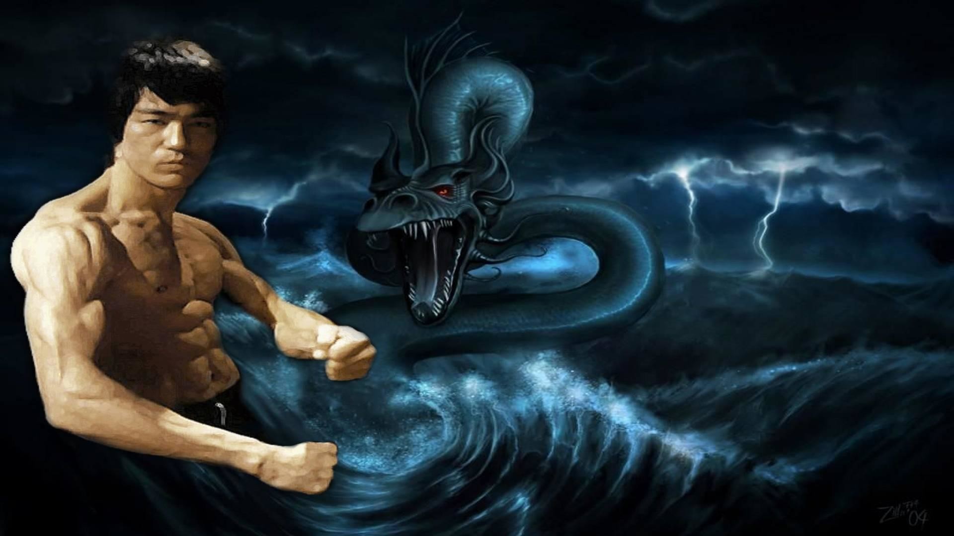 Bruce Lee, Drago, Tempesta, Fulmini, Arte digitale, Full HD 1080p, sfondo desktop