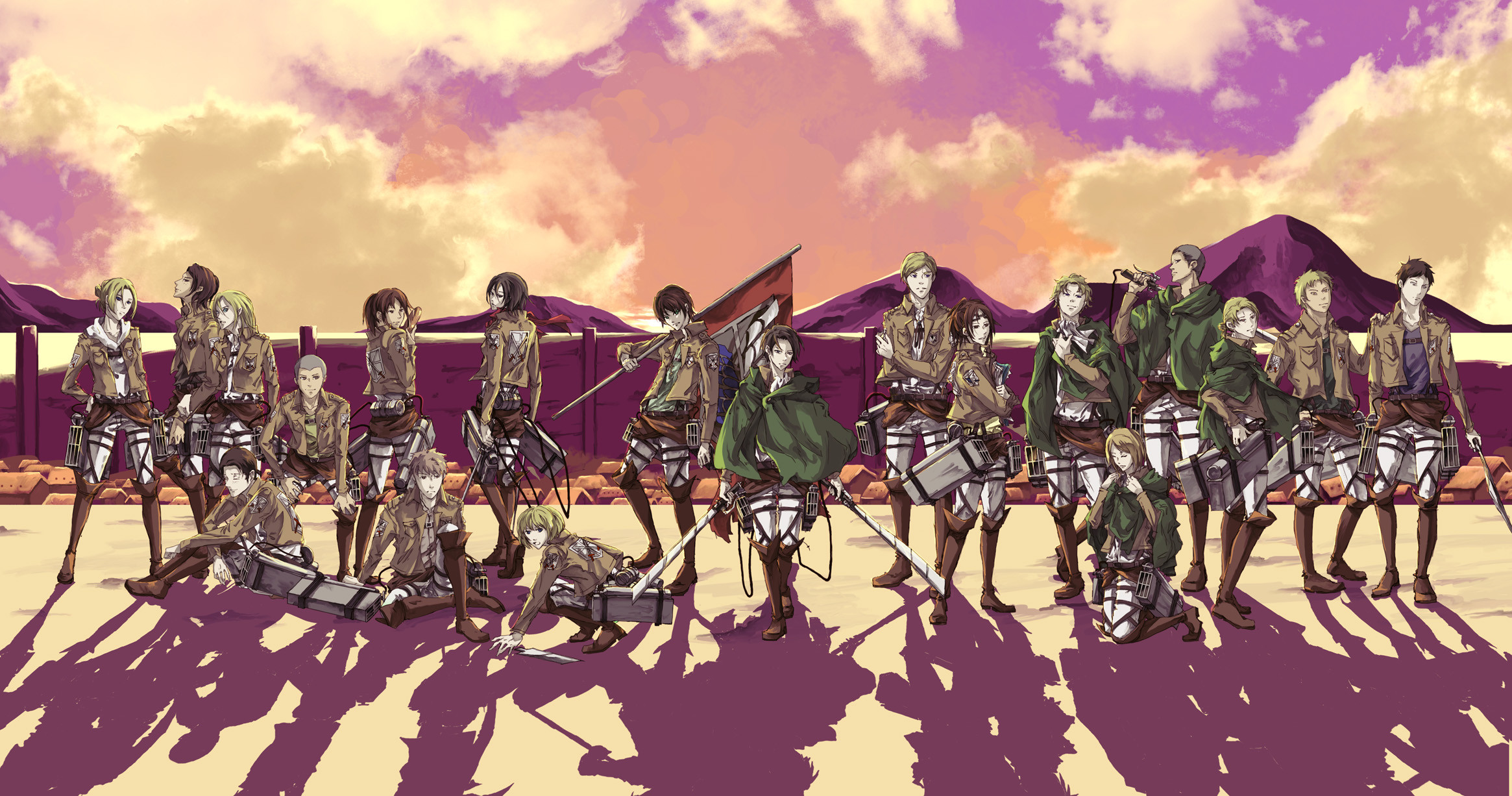 L'attacco dei giganti, Corpo di ricerca, Gruppo di personaggi, Cielo viola, sfondo desktop Full HD