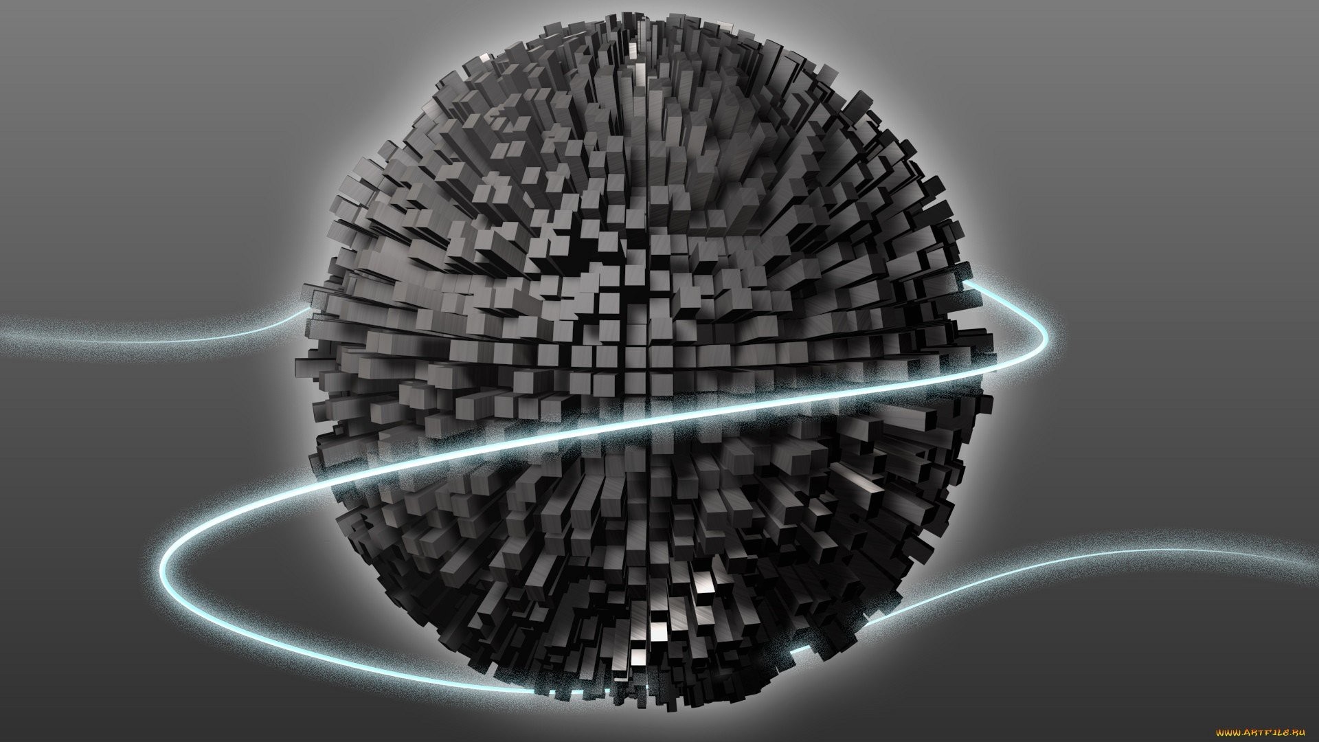 Sfera di cubi, Anello luminoso, Rendering 3D, Grigio, Full HD, sfondo per il tuo desktop