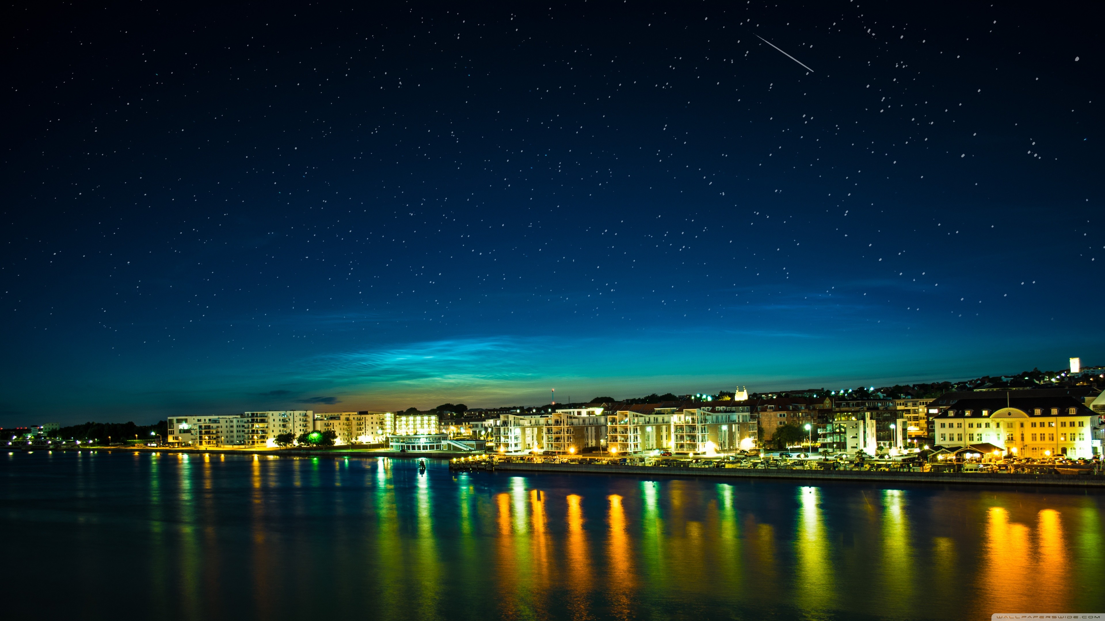 Città, Lungomare, Cielo stellato, Riflesso, Notte, sfondo per smartphone