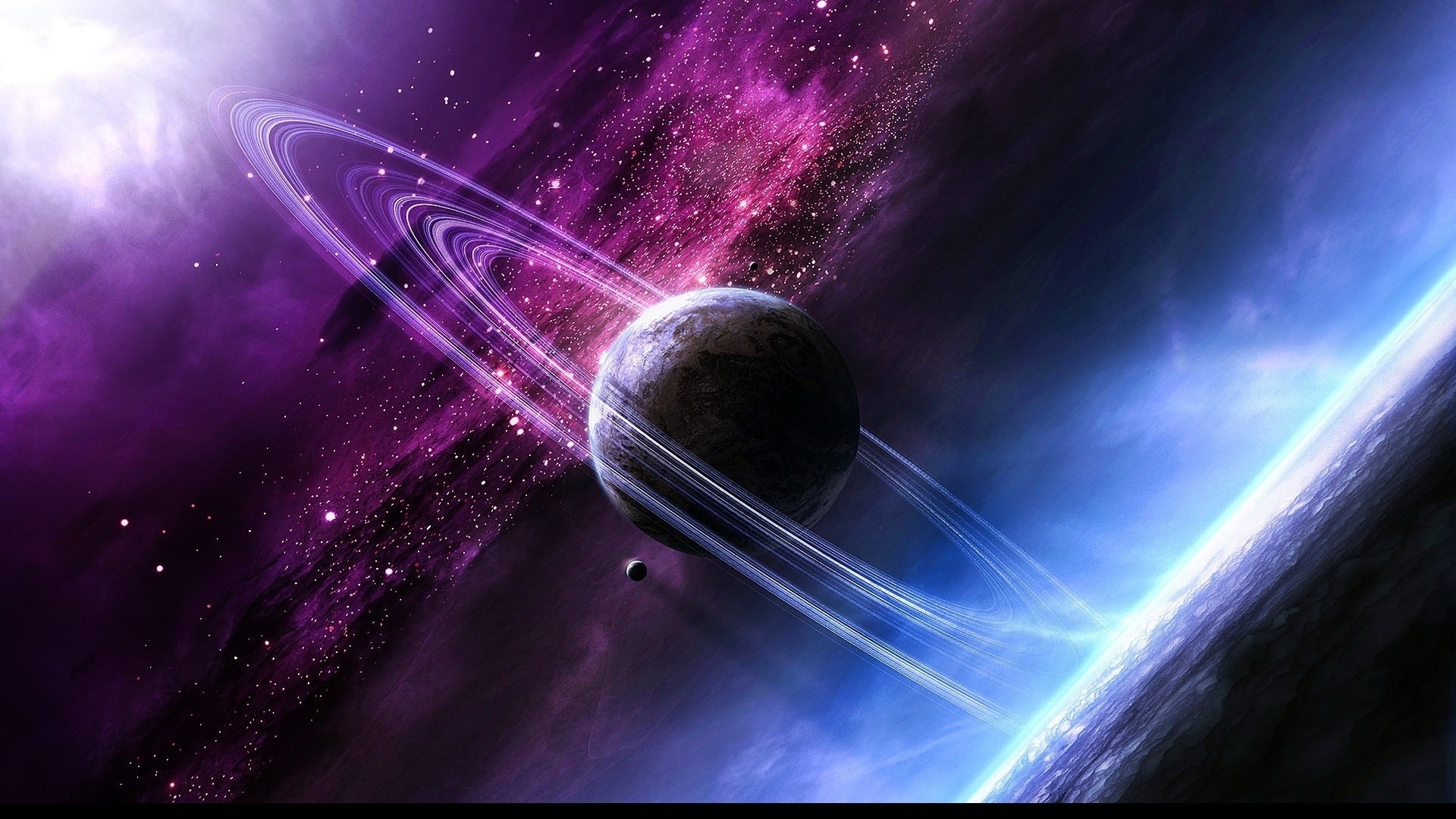 Pianeta con anelli, Spazio, Nebulosa, Viola, Full HD 1080p, sfondo desktop